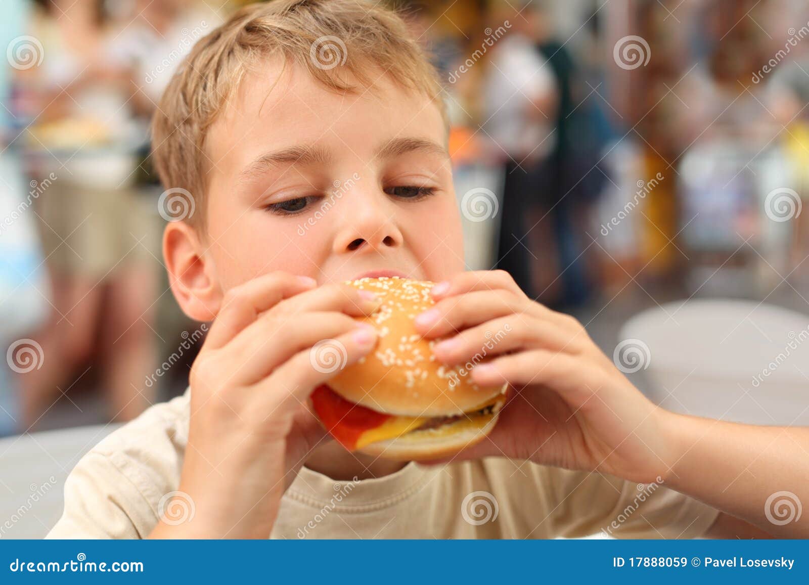 Little Caucasian Boy Eating Burger Stock Image Image of cheeseburger