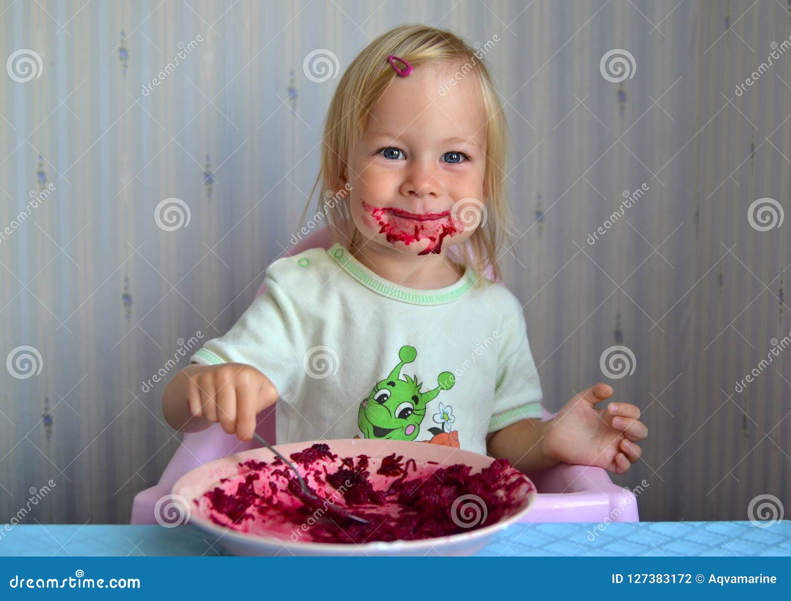 Little Cheerful Girl Eats Beets Stock Photo Image of beetroot, food