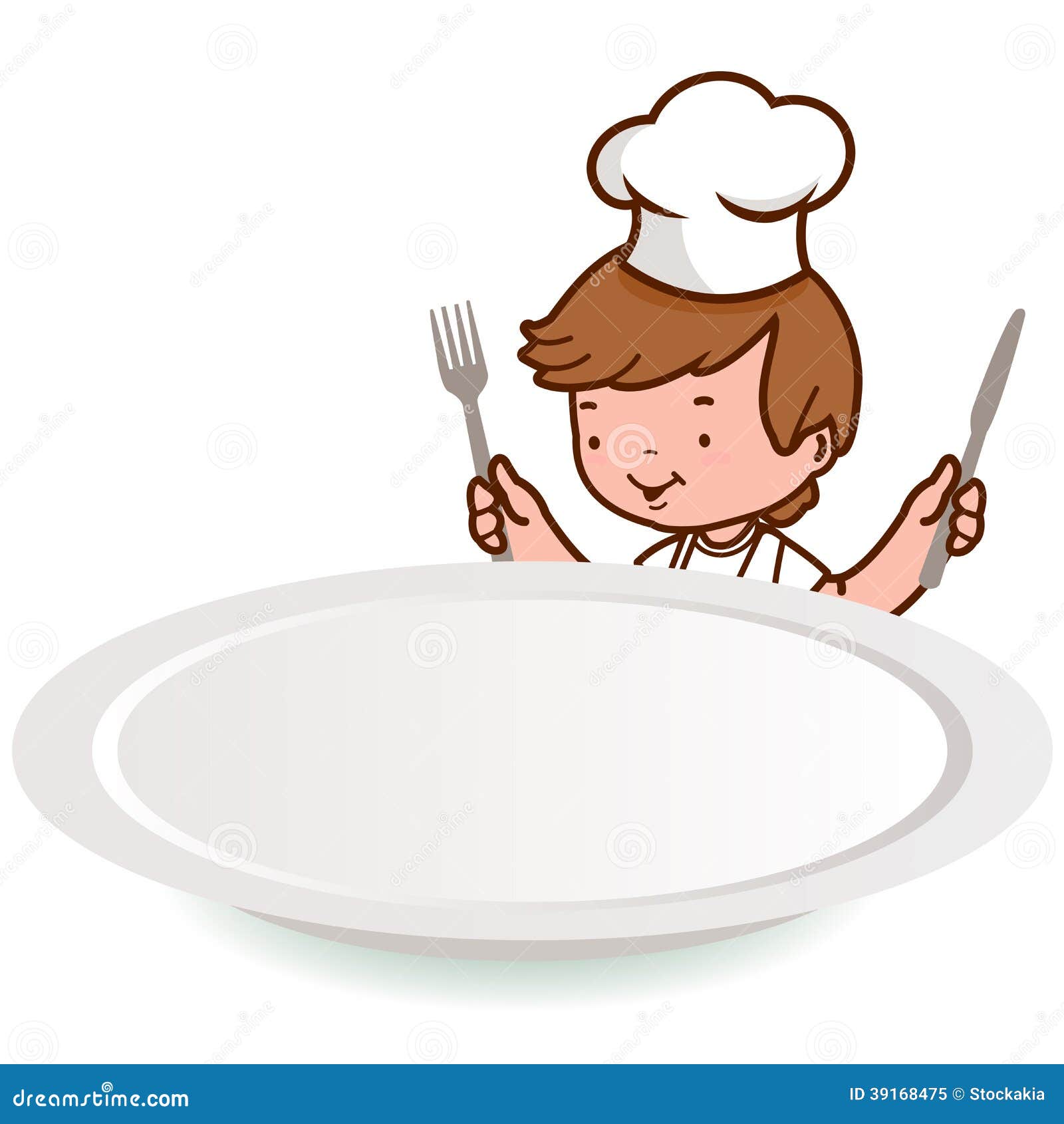 boy wearing a chef uniform, looking over at a blank dinner plate and 