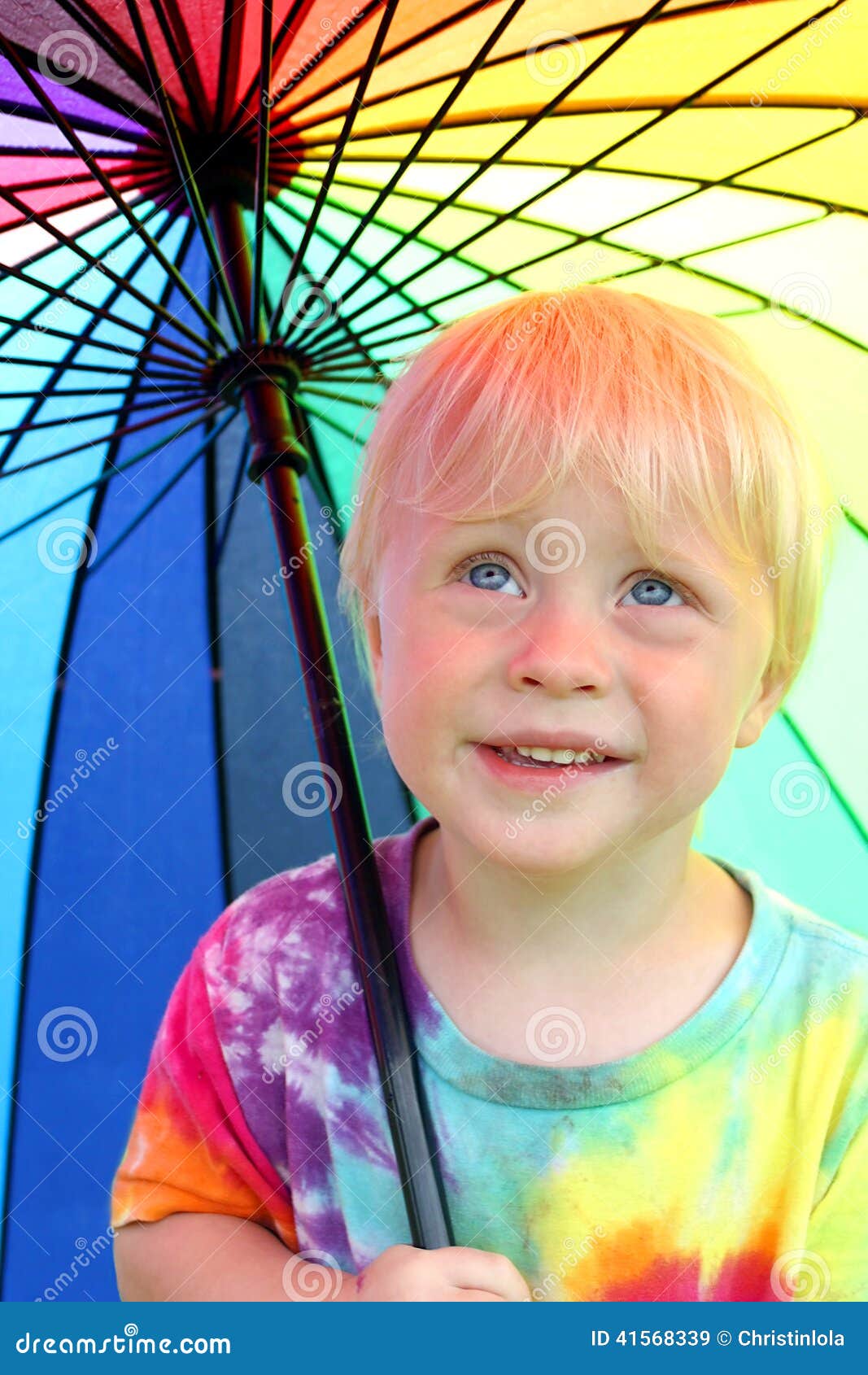 Little Child Under Rainbow Rain Umbrella Stock Image Image