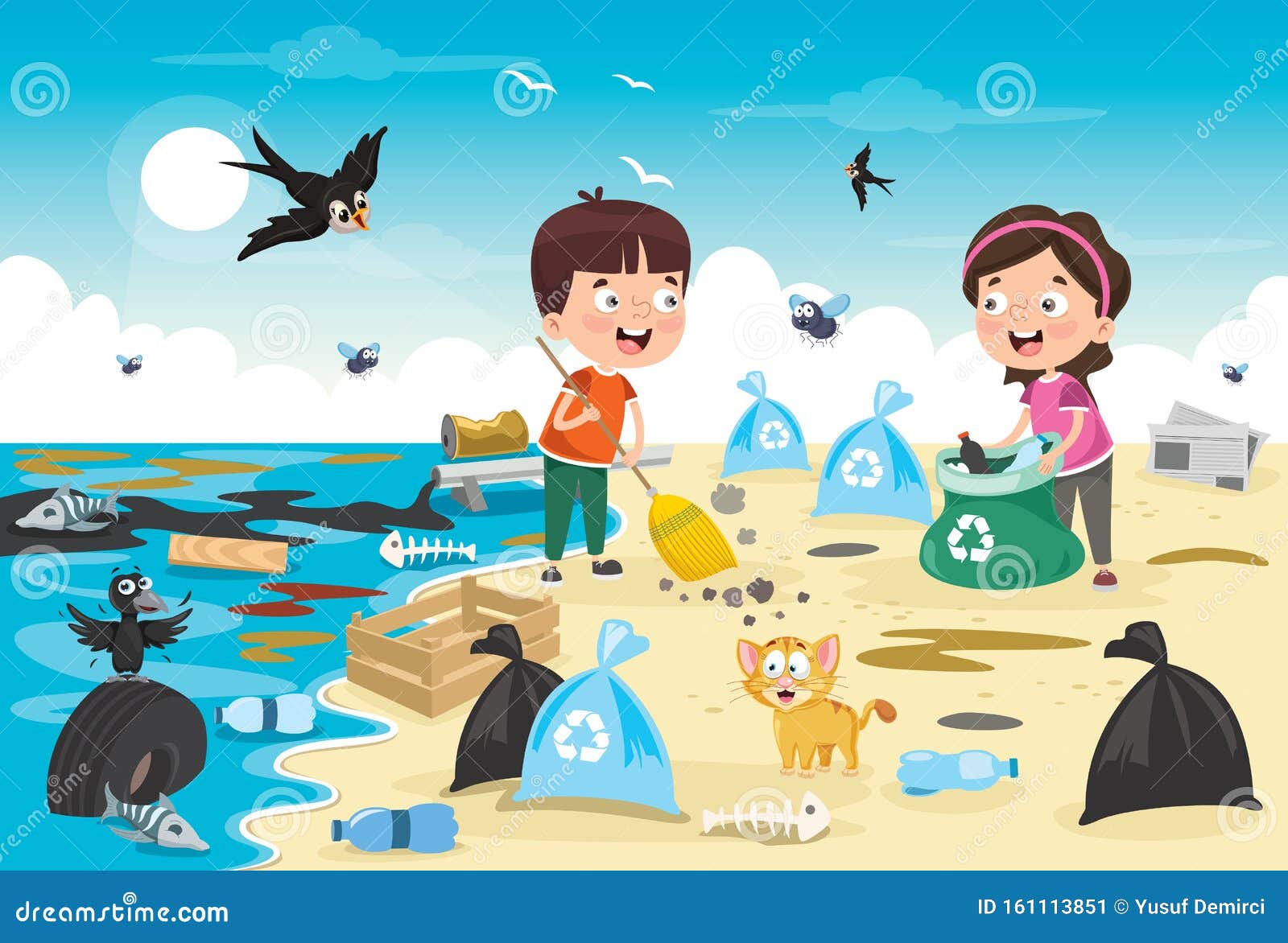 Little Children Cleaning the Beach Stock Vector Illustration of girl