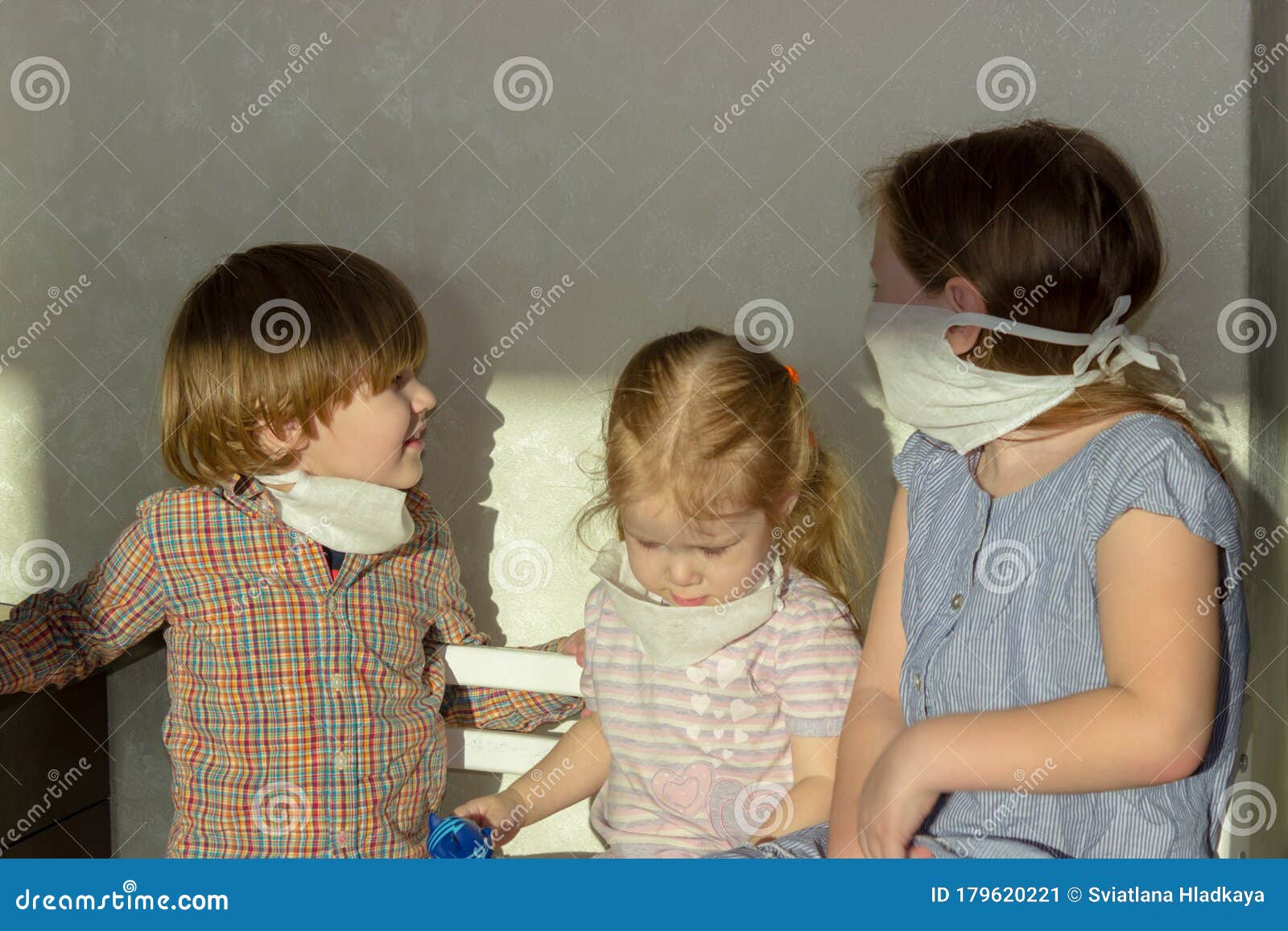 Little Children in Homemade Gauze Bandages, Masks Stock Image Image