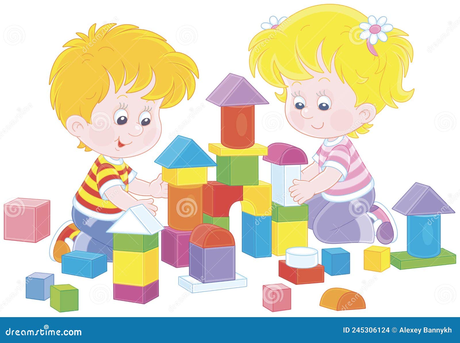 Little Children Playing with Colorful Bricks Stock Vector ...
