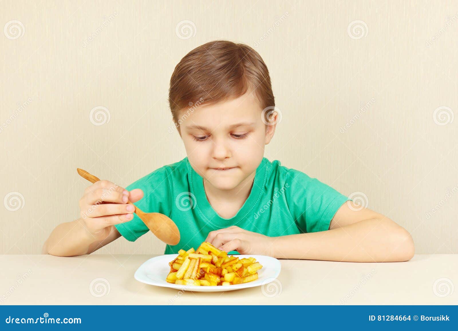 Little Cut Boy is Going To Eat Fries Stock Photo Image of child, hungry 81284664