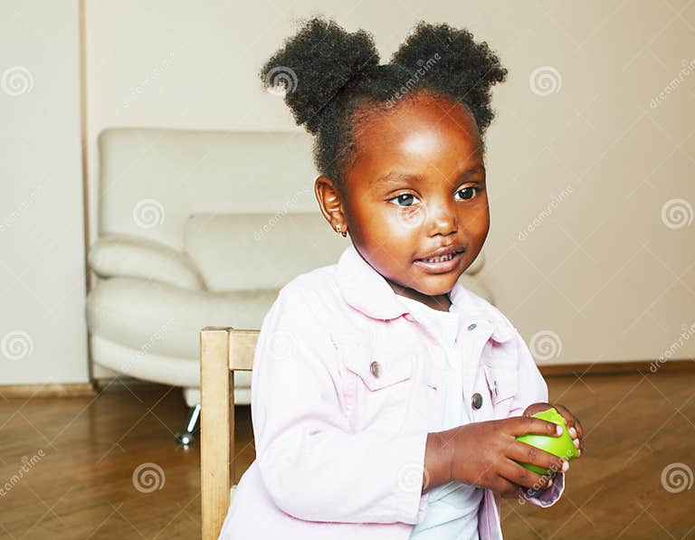 Little Cute African American Girl Playing With Toys At Home Pretty Adorable Princess In