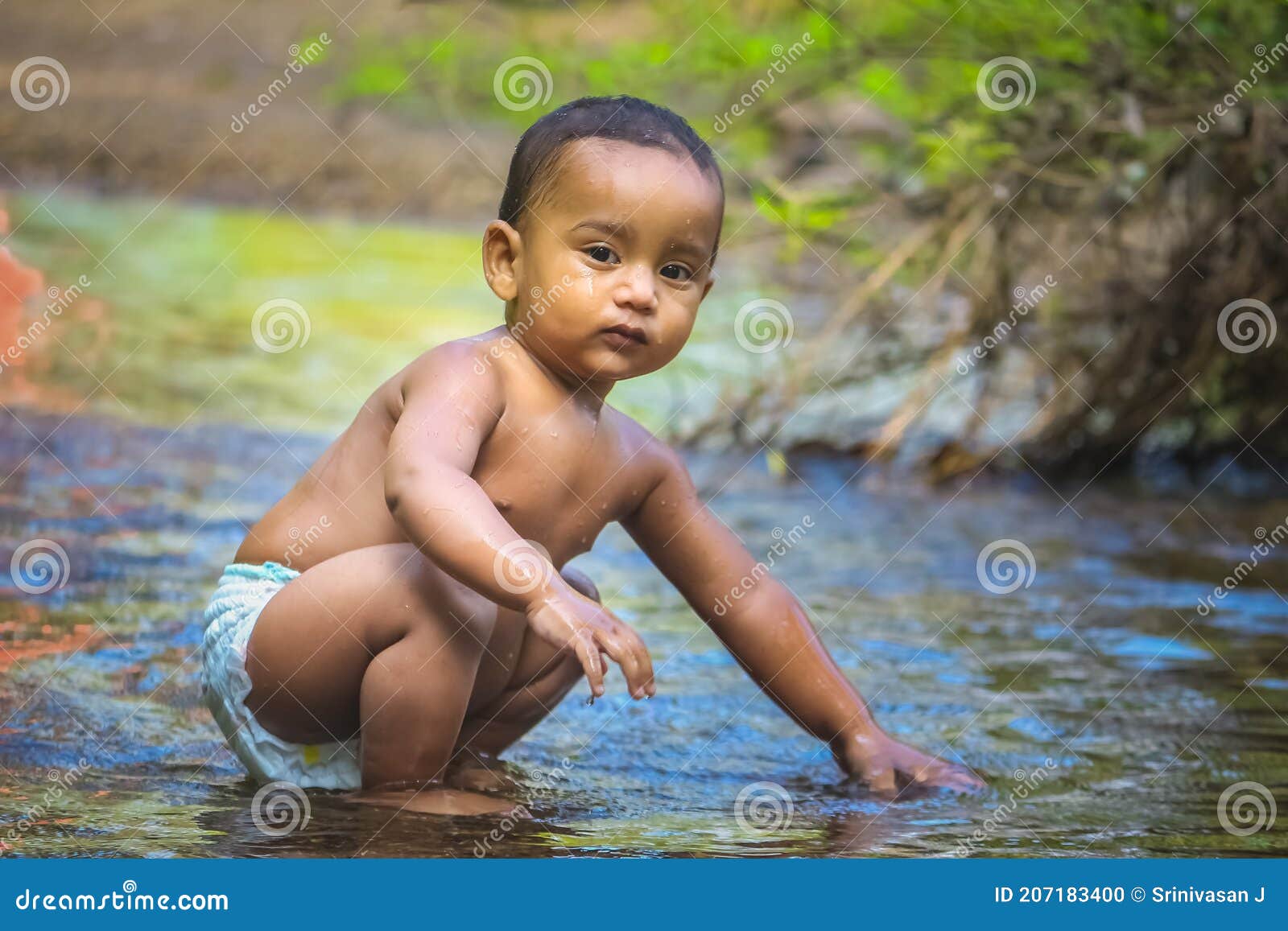 Little Cute Baby Boy Playing in River Water. Portrait of Boy Child ...