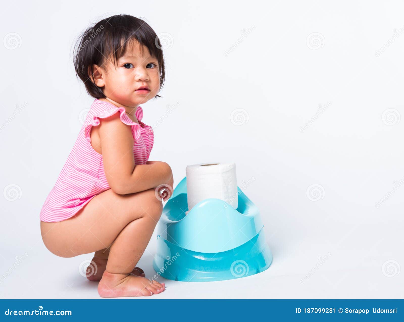 Little Cute Baby Child Girl Education Training To Sitting on Blue ...