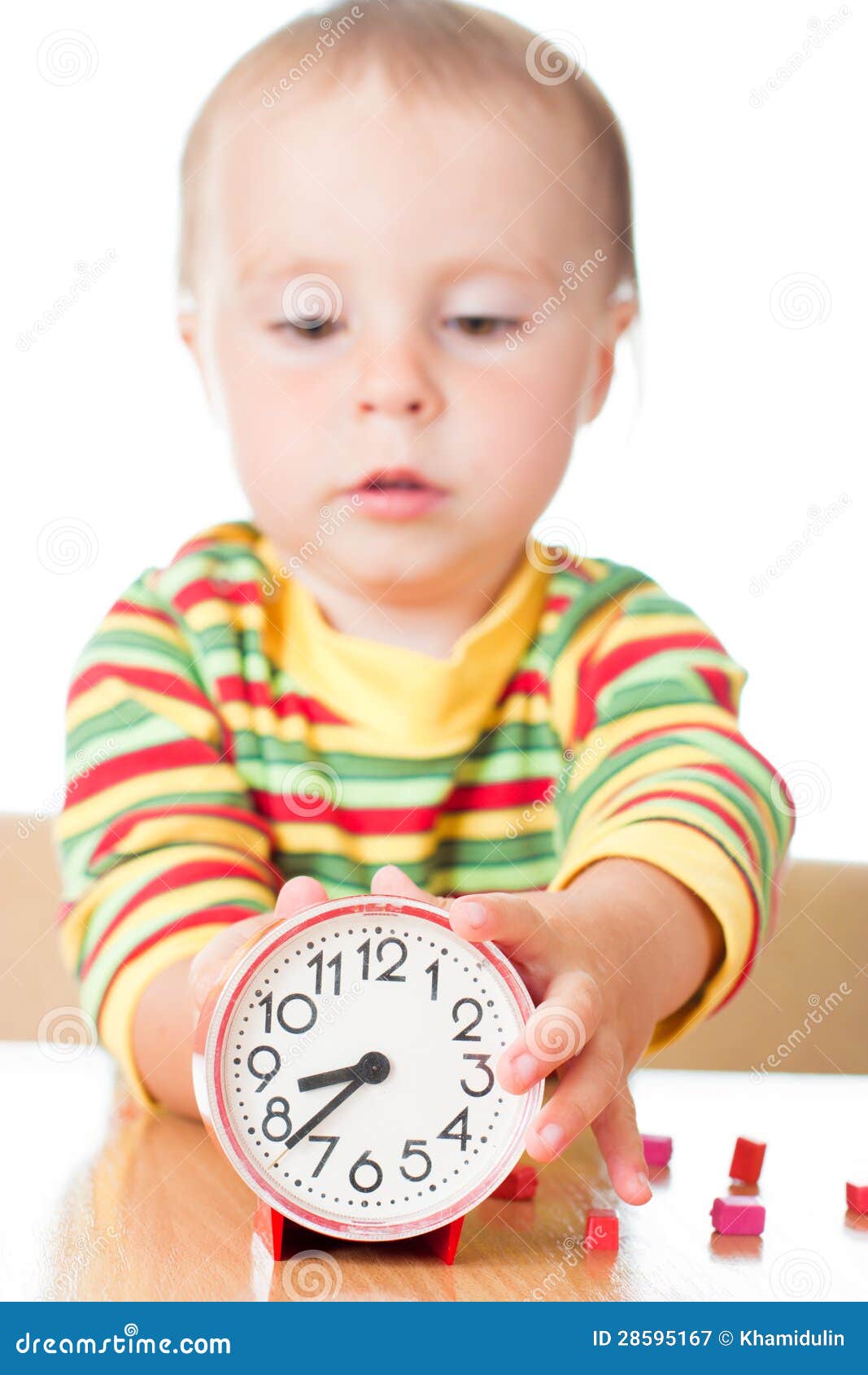 Little Cute Baby with Clock Stock Image Image of hand, looking 28595167