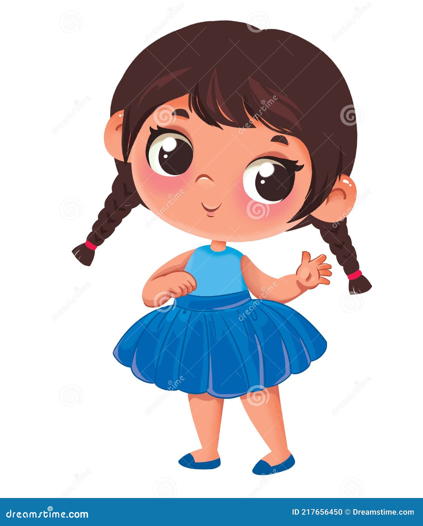 Little Cute Baby Girl with Pigtails in a Blue Skirt. Childrens ...