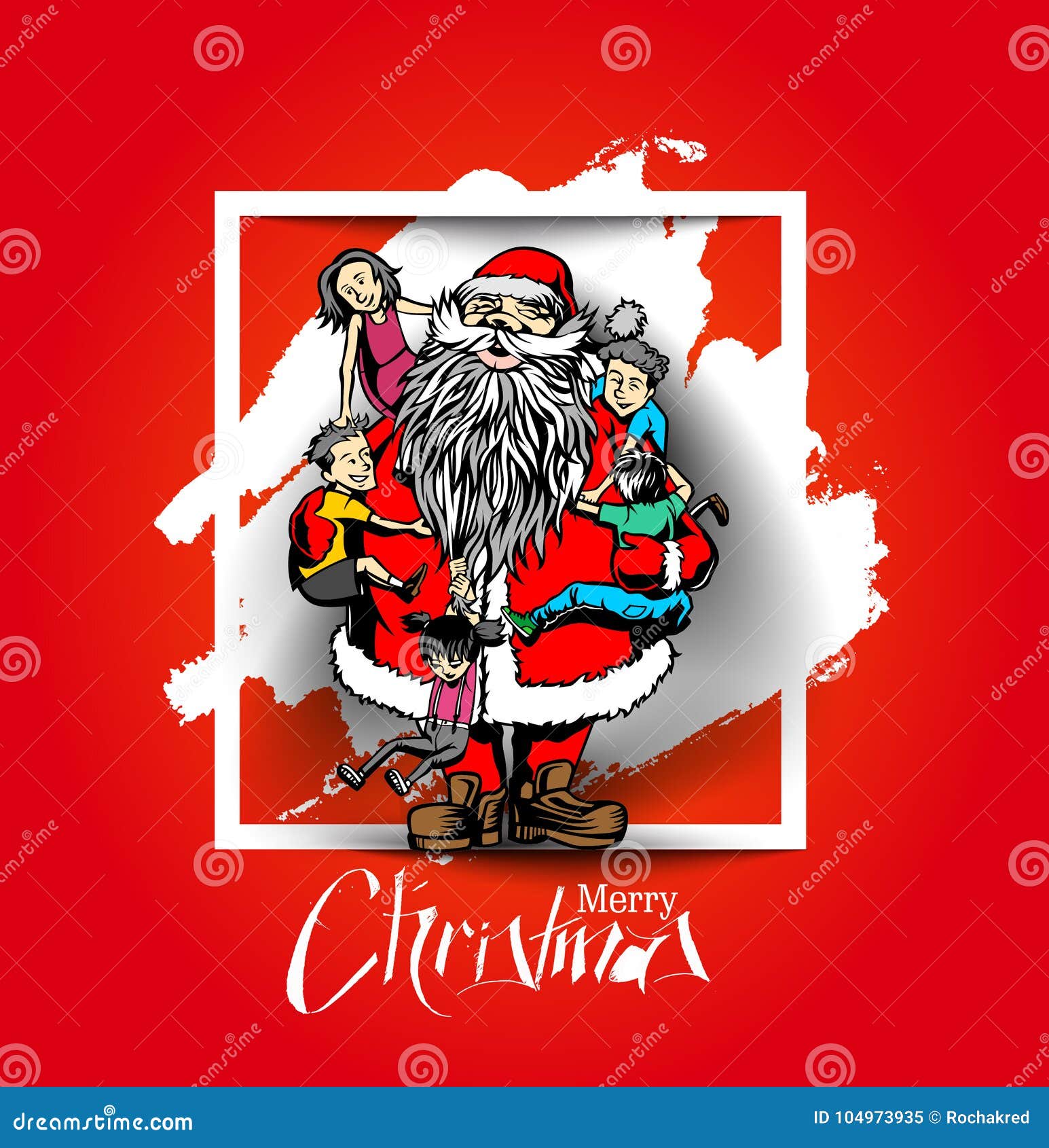 Download Little Cute Boy And Girls Hugging Santa Claus Christmas Scene Stock Vector Illustration