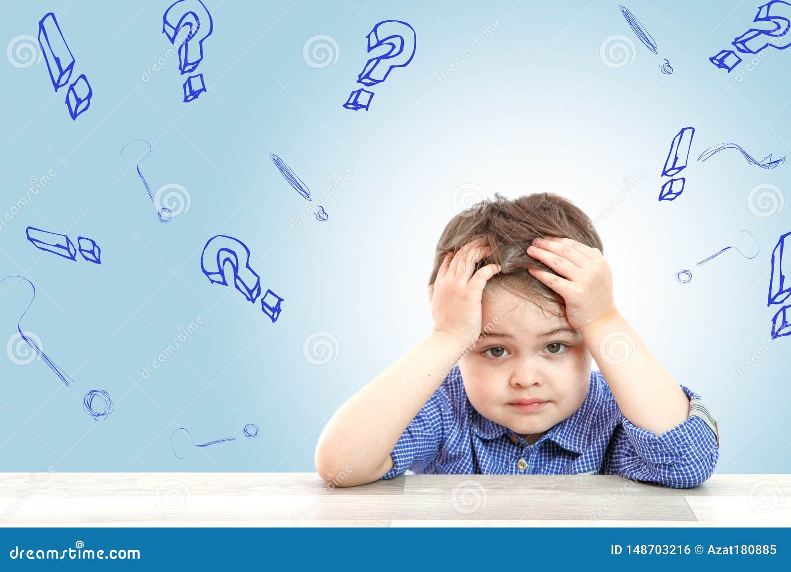 Little Cute Boy and His Questions on Light Background Stock Photo