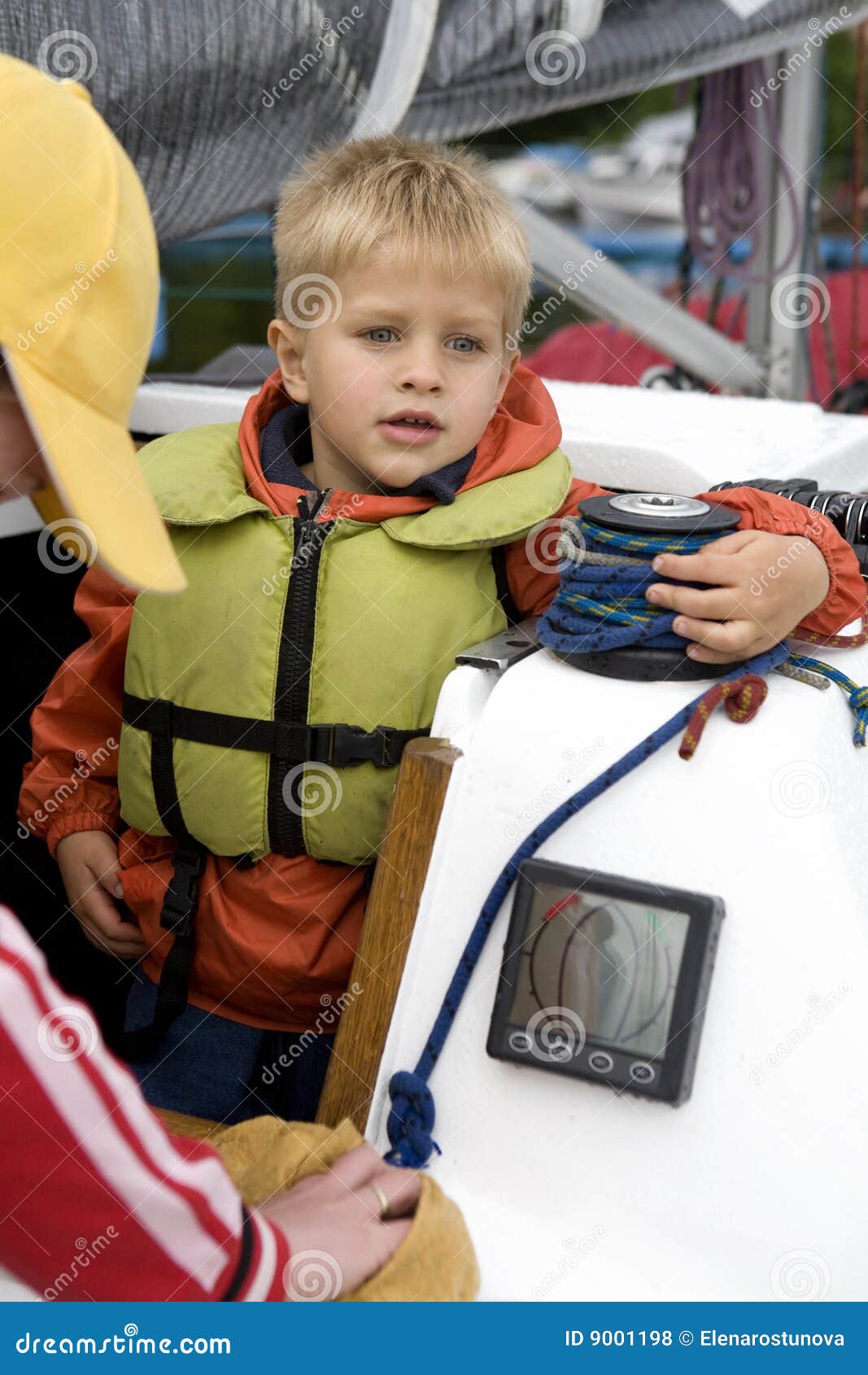 Little Cute Boy in Life Jacket on Yacht. Stock Photo Image of cabin