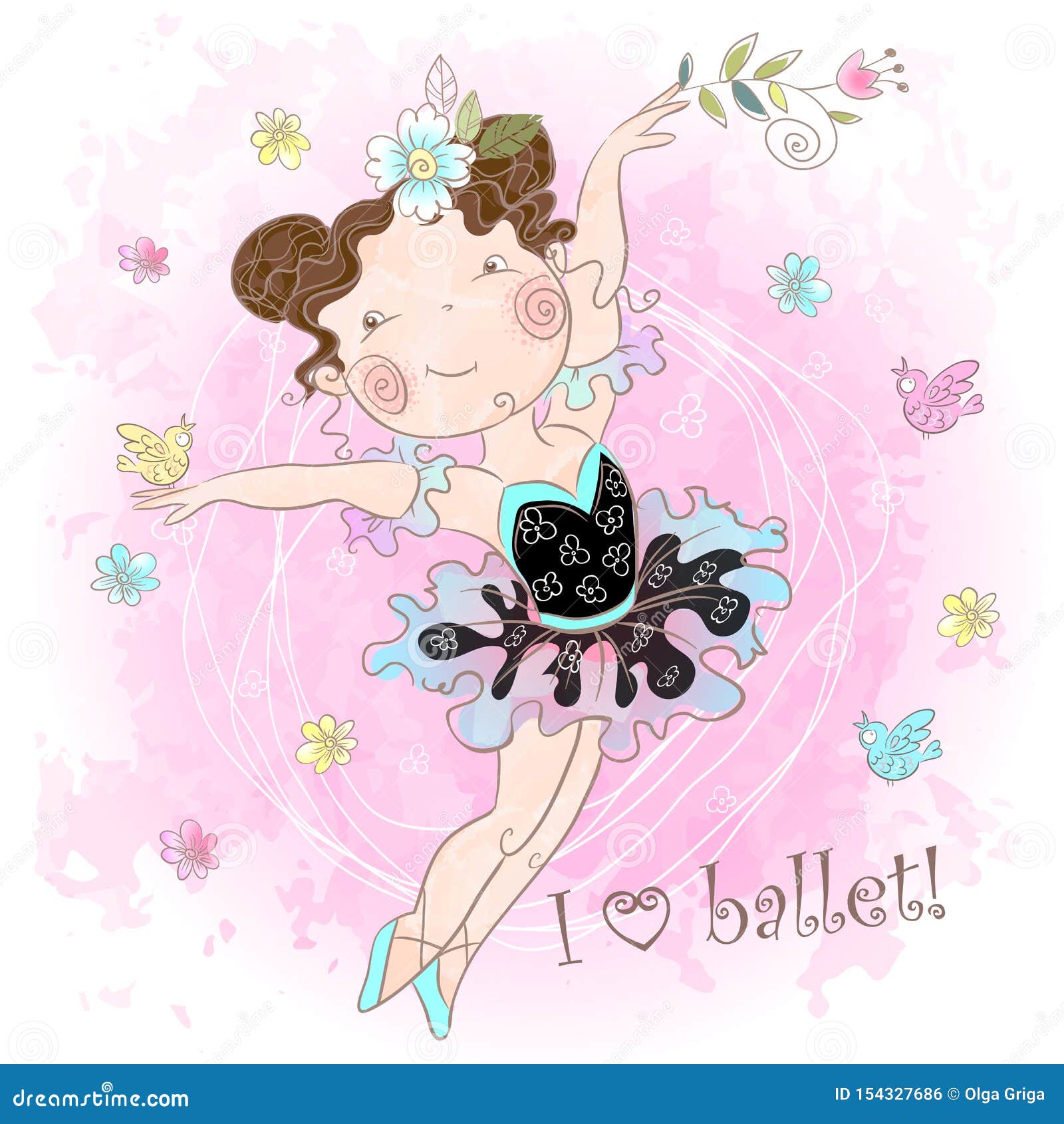 little cute girl ballerina dancing. i love ballet. inscription. . watercolor