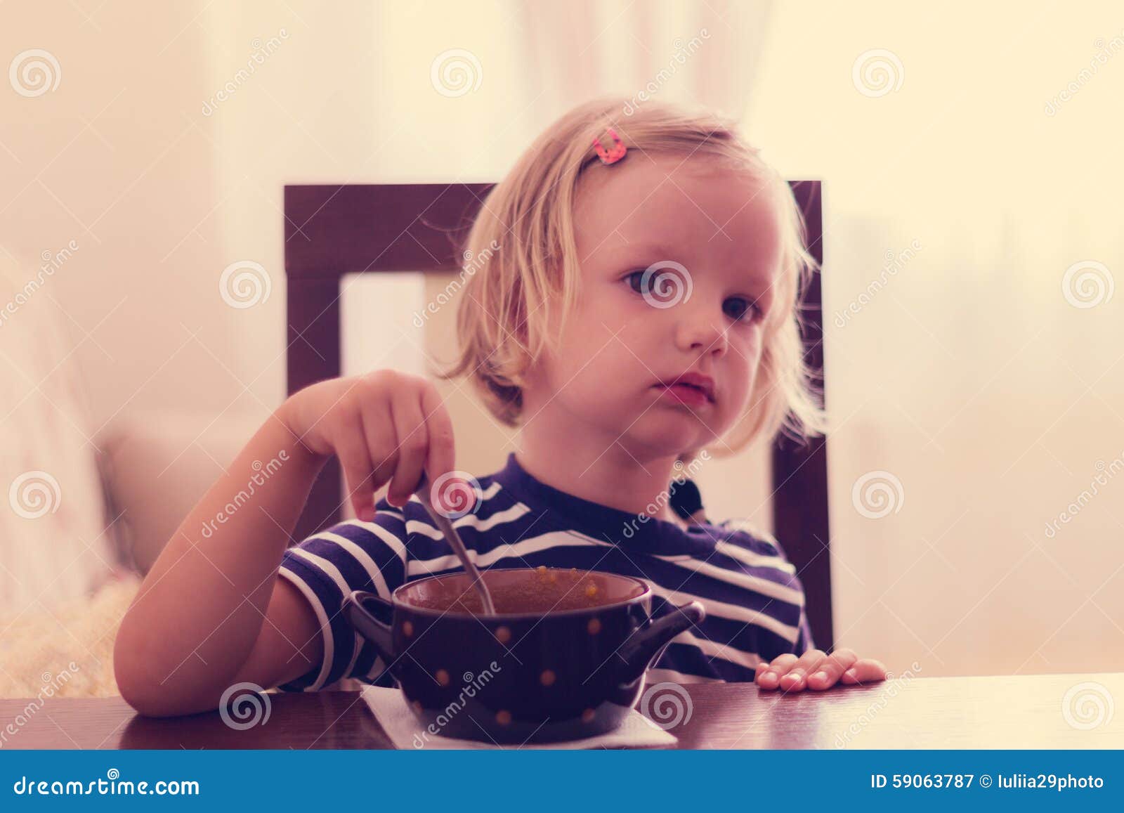 Little Cute Girl Eats Soup. Stock Image Image of face, food 59063787