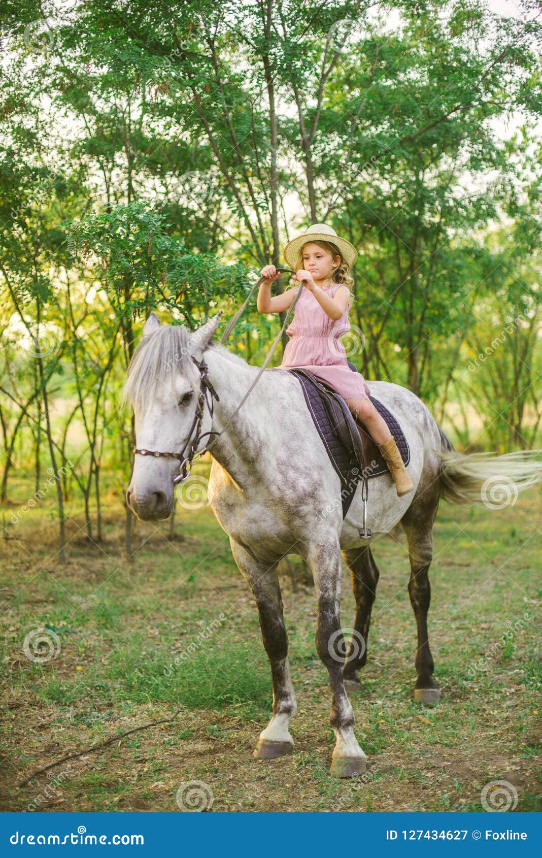 Little Cute Girl with Light Curly Hair in a Straw Hat Riding a Horse at ...