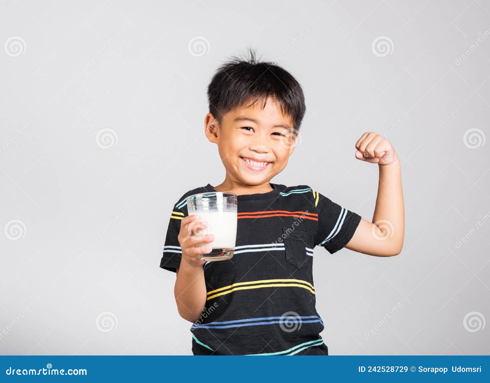 Little Cute Kid Boy 5-6 Years Old Smile Holding Milk Glass and Show ...