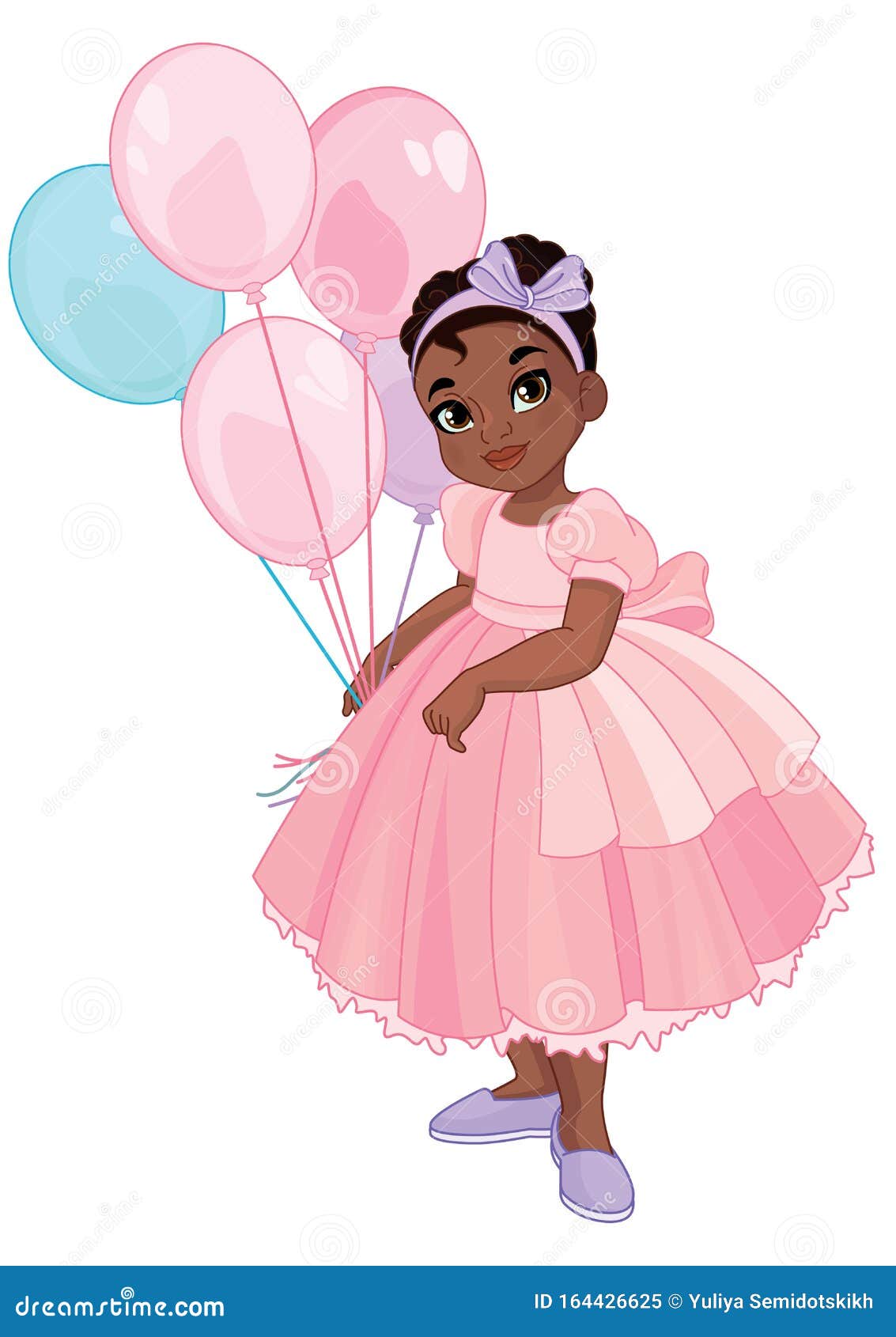 Cartoon cute little african american girl holding a balloon