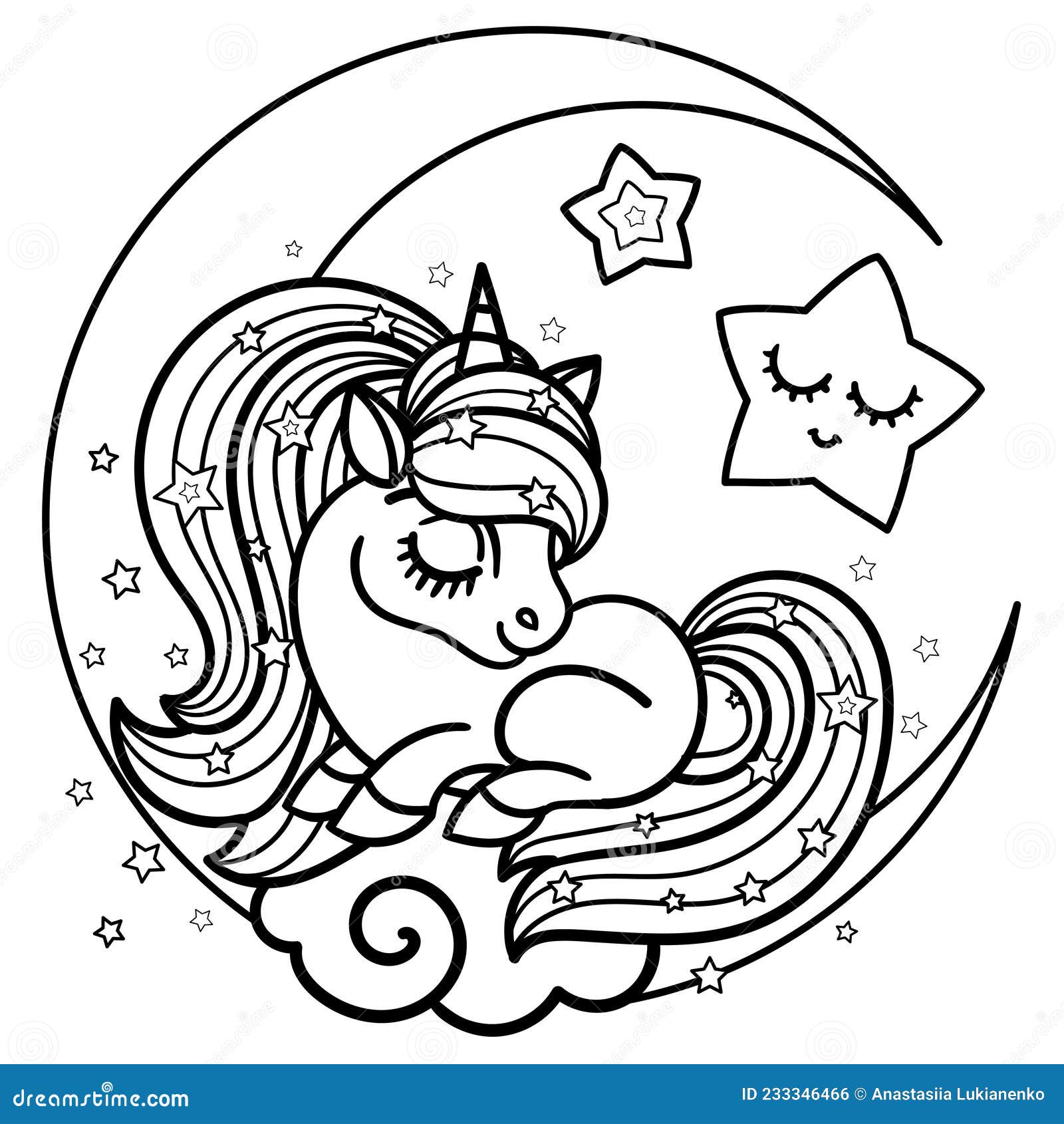 Little Cute Sleeping Unicorn on the Crescent Moon. Linear Black and ...