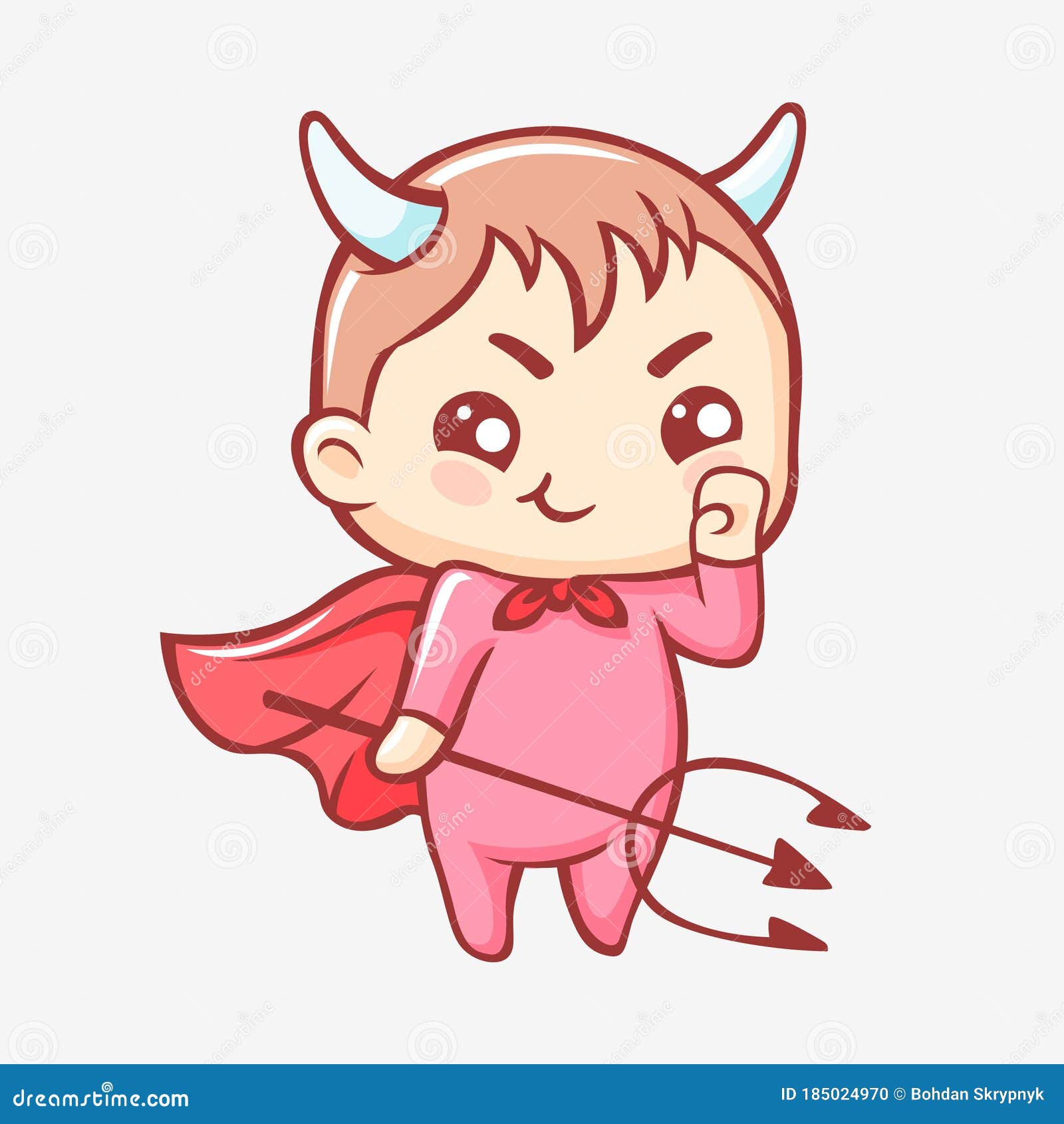 Little Demon Cartoon. Kawaii Smiling Cute Demon with Horns in a Red Cloak  with a Trident. Stock Vector - Illustration of cute, horn: 185024970
