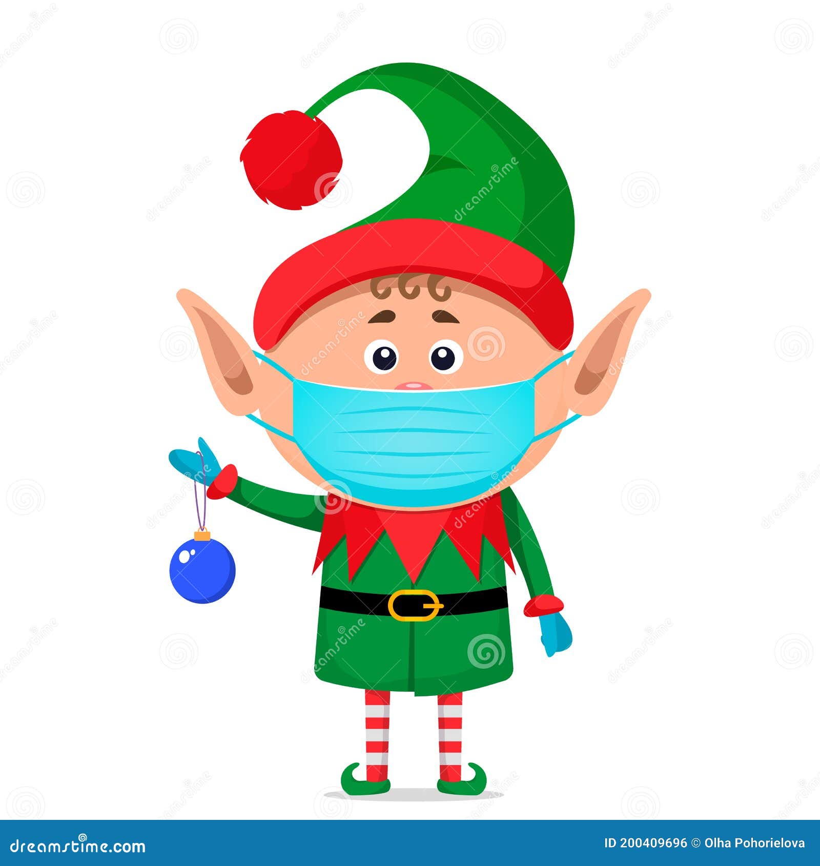 The Medicine Peddler Who Makes A Battered Elf Happy Little Elf in a Medical Mask and Surgical Gloves Holds a New Year`s