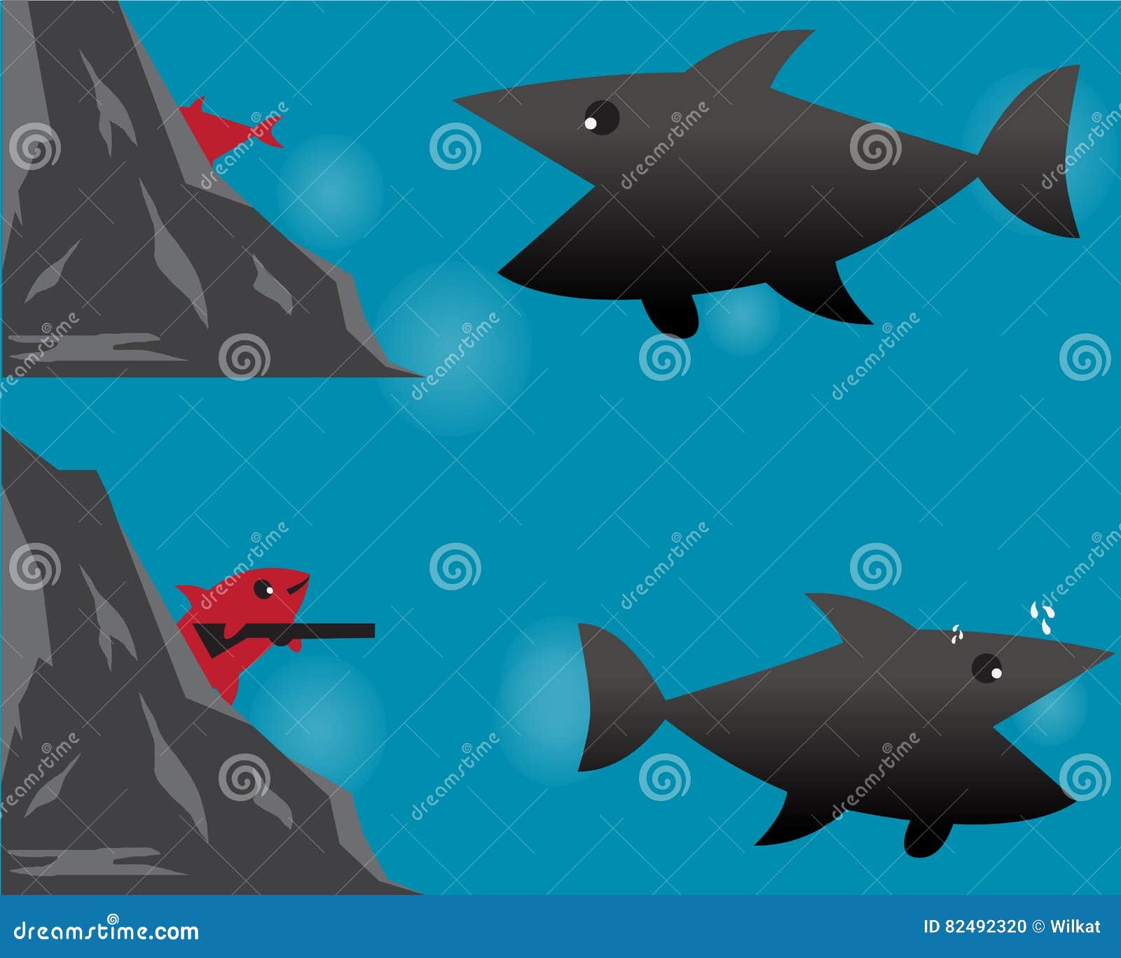 Little Fish Protect Itself from Big Fish with a Gun Stock Vector