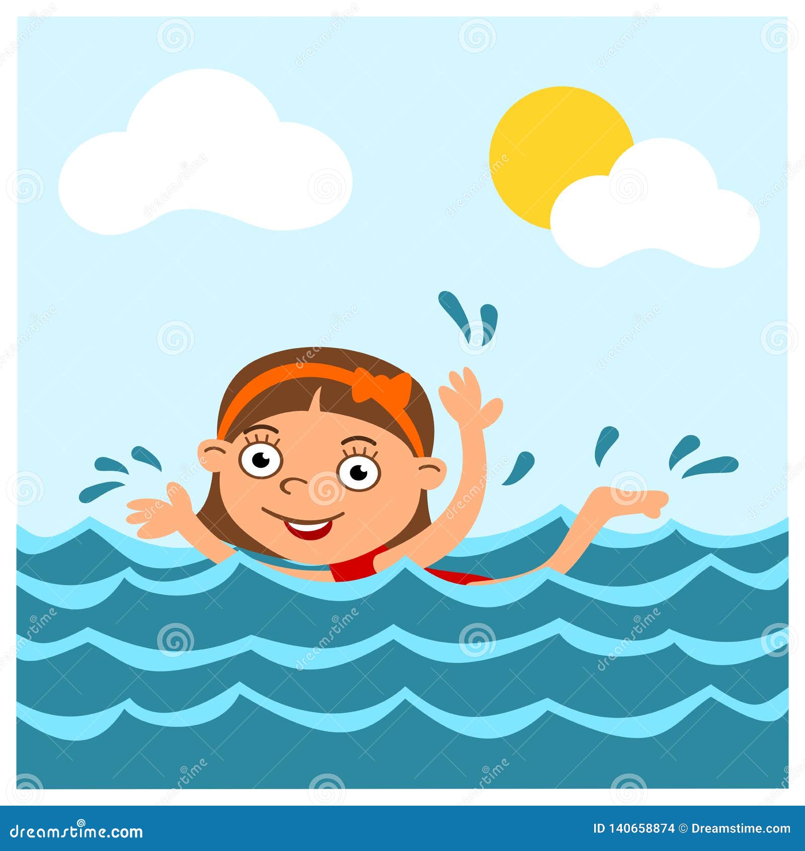 Little Funny Girl in Cartoon Style Swims in the Sea in Summer Stock ...