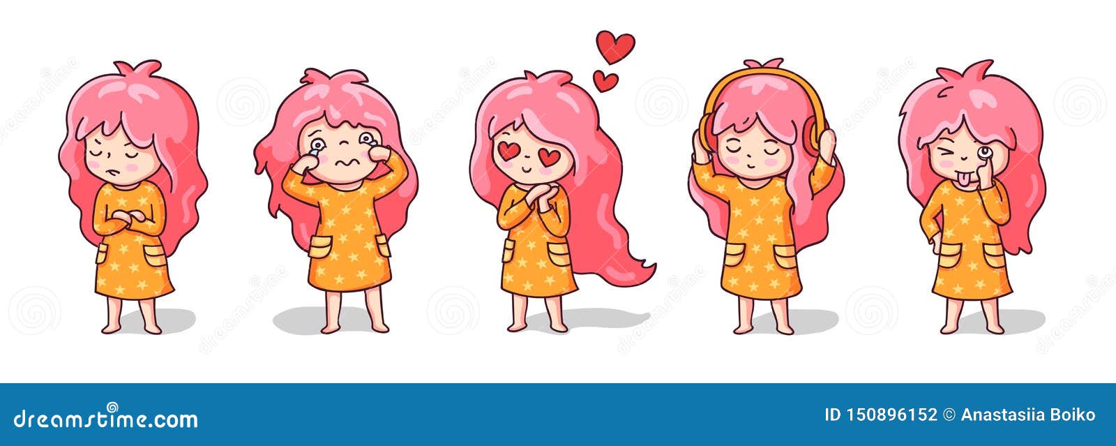 Little Funny Girls in Orange Pajamas. Girls in Love, Listening To Music,  Making Faces, Crying, Offended. Stock Vector - Illustration of children,  contour: 150896152