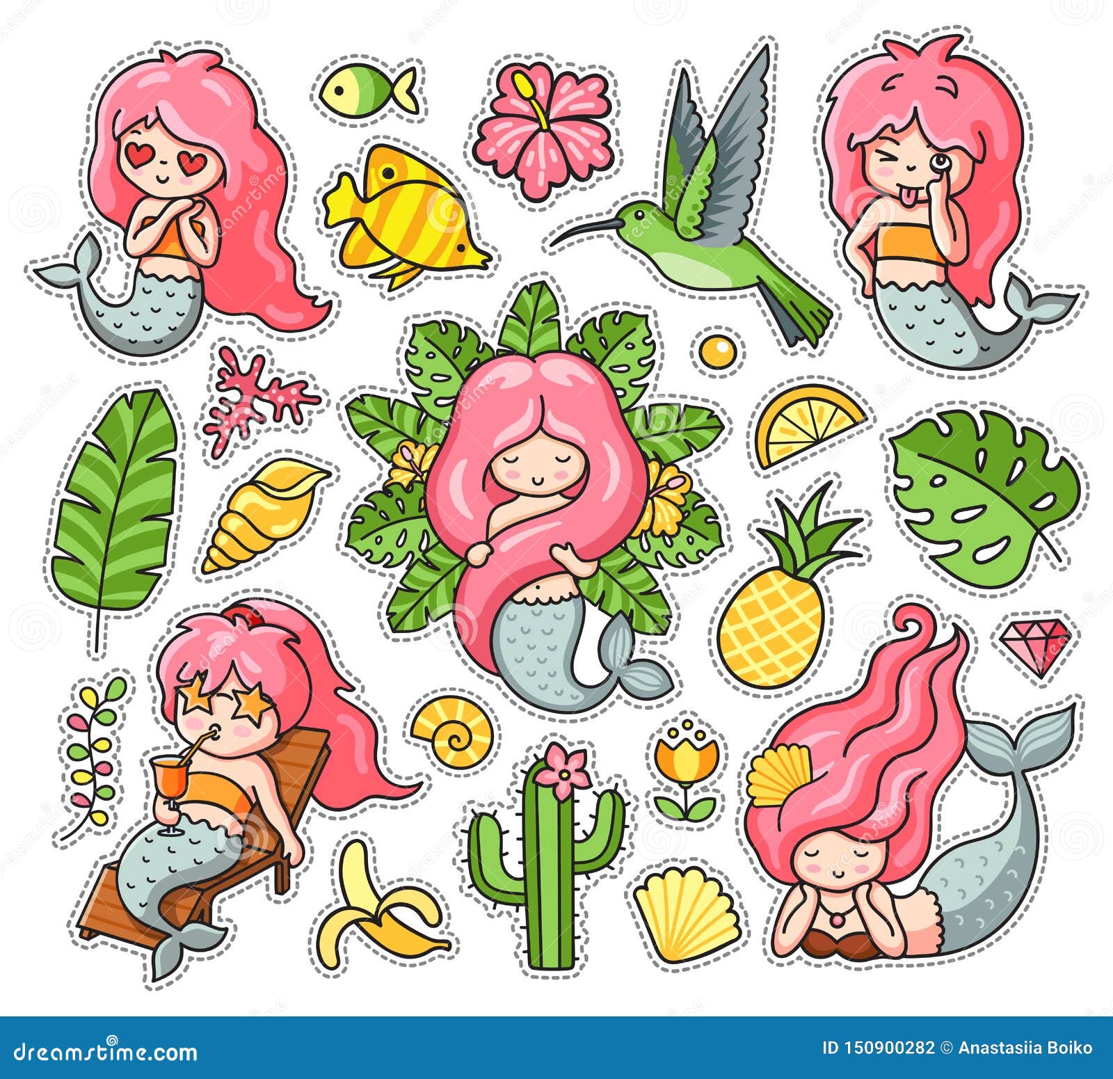 https://thumbs.dreamstime.com/z/little-funny-mermaids-hummingbird-fish-tropical-leaves-fruits-sea-shell-set-summer-cartoon-stickers-patches-badges-pins-150900282.jpg