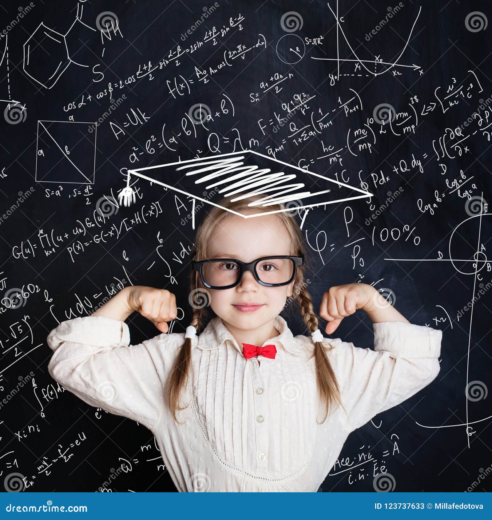 Little Genius Female Child on Hand Drawings Math Science Formula Stock