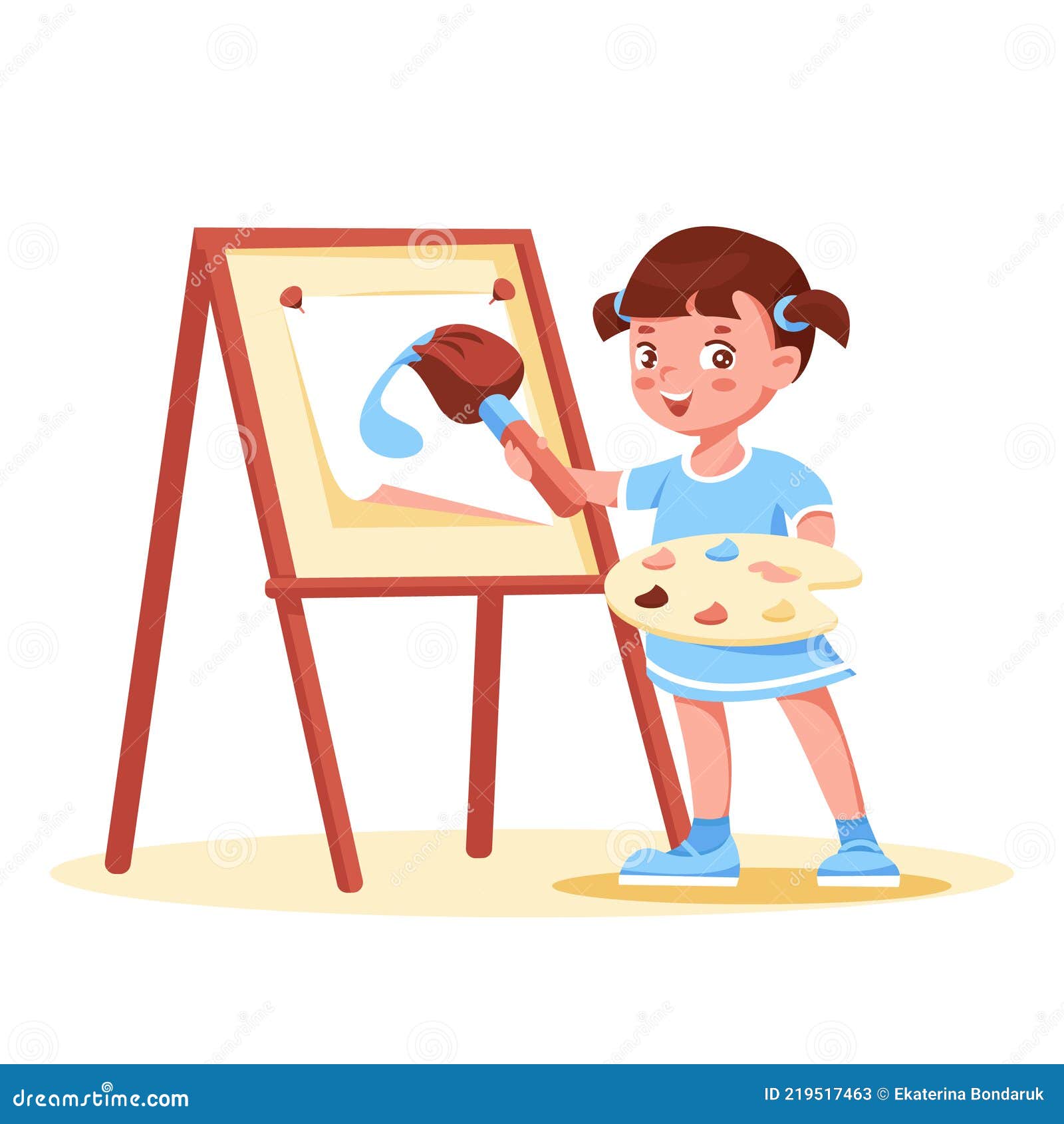 Little Girl Artist Paints. Vector Illustration in Cartoon Style. Stock ...