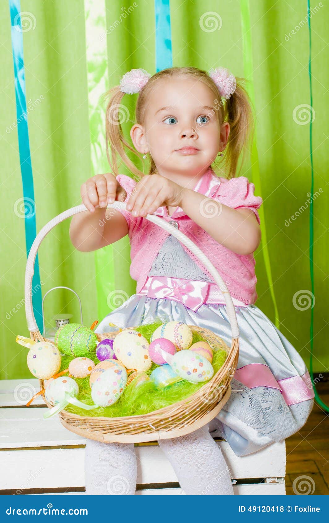 Little Girl with Basket with Easter Eggs Stock Photo Image of dress