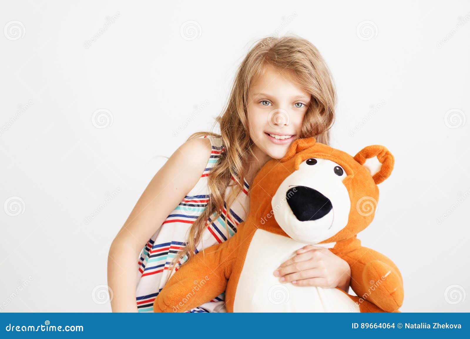 Little Girl with Big Teddy Bear Having Fun Laughing Isolated on Stock ...