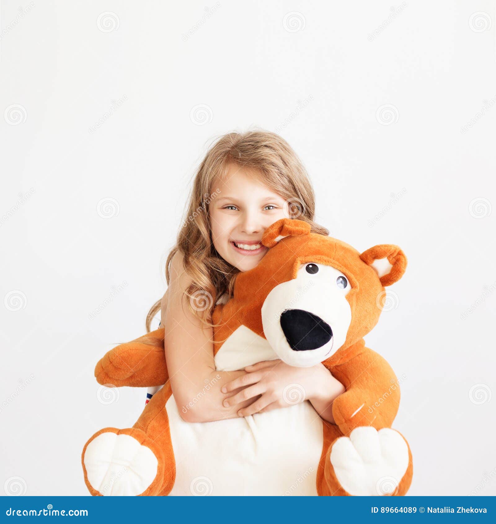 Little Girl with Big Teddy Bear Having Fun Laughing Isolated on Stock ...