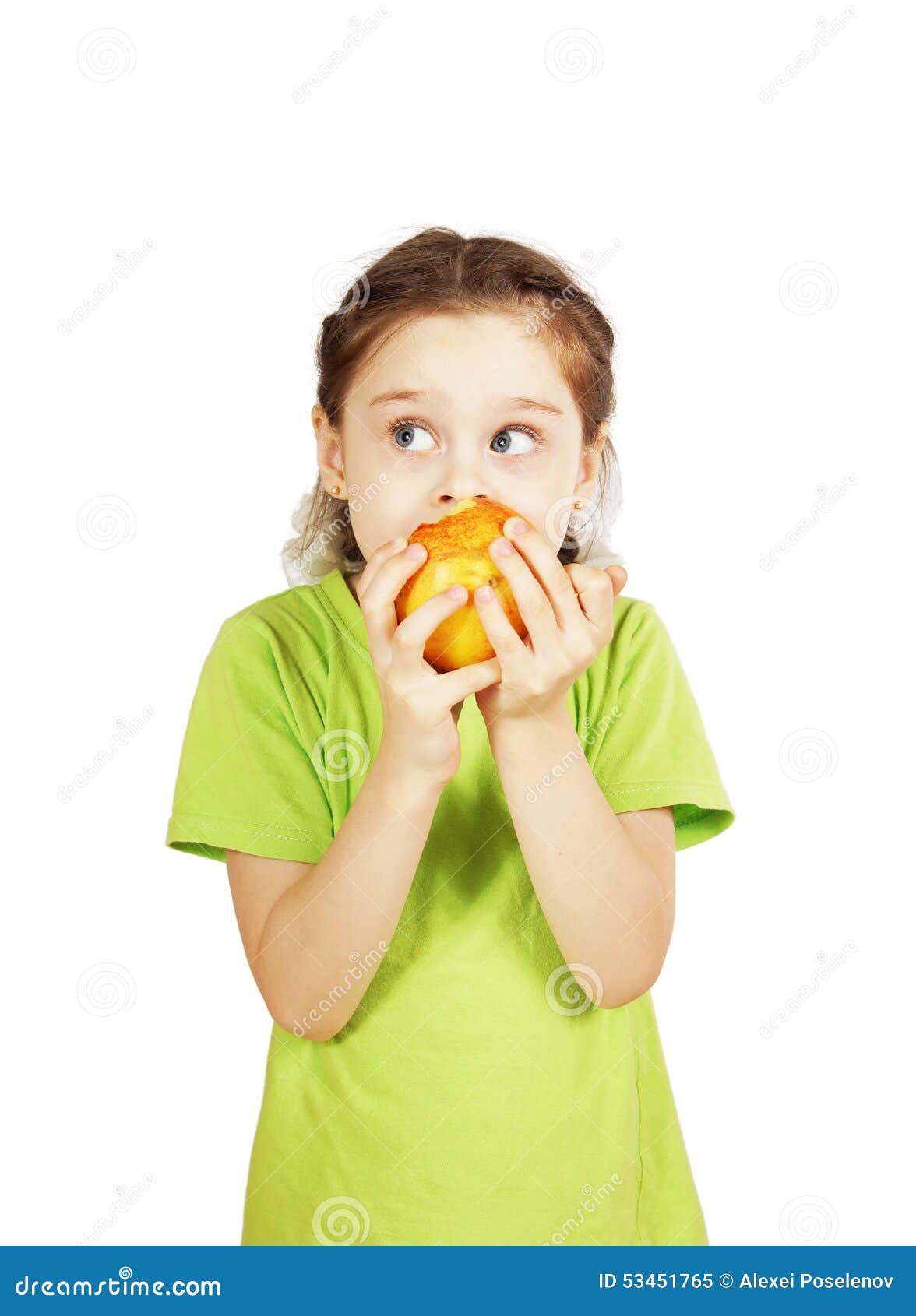 Little Girl Bites a Big Red Apple and Looks Aside Stock Image - Image ...