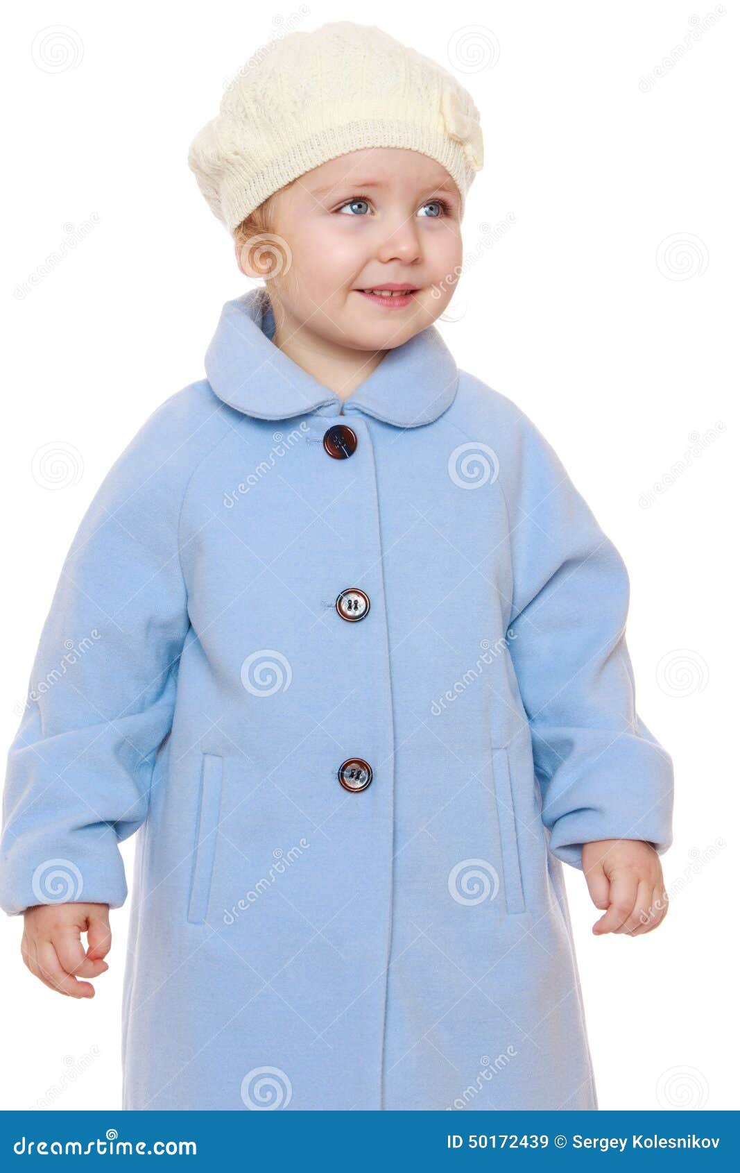 Little Girl in Blue Autumn Coat and a White Cap Stock Image - Image of ...