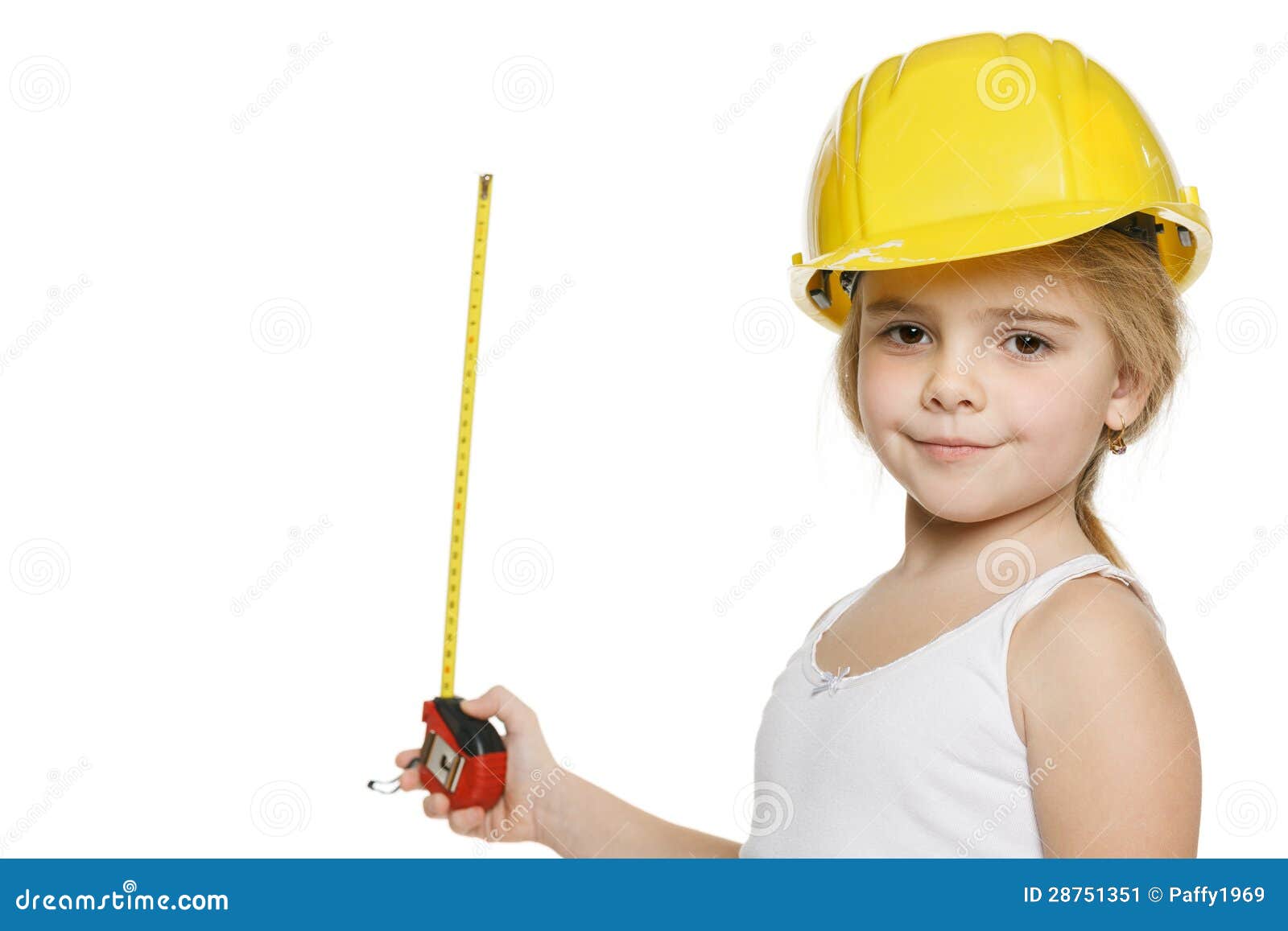 Little Girl Builder Using a Measuring Tape Stock Image Image of