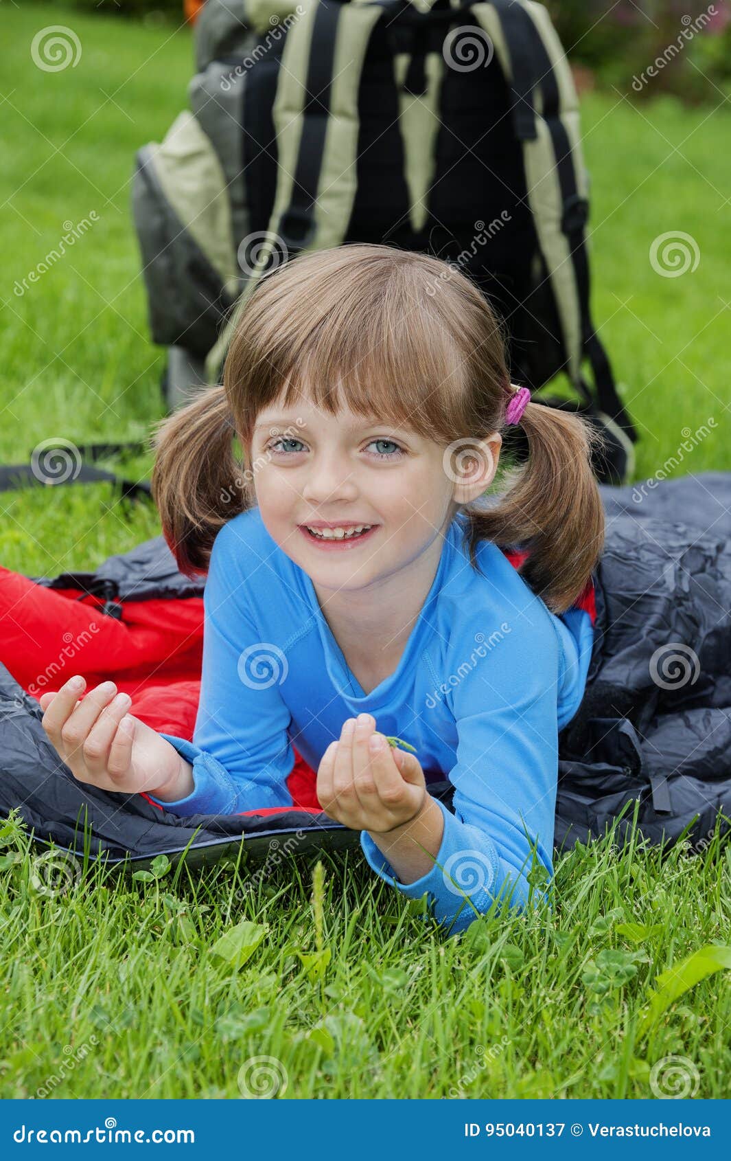 Little Girl Camping with Sleeping Bag Stock Image Image of little