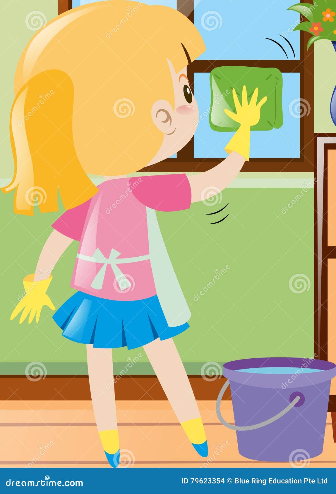 Little Girl Cleaning Window With Cloth Stock Vector 