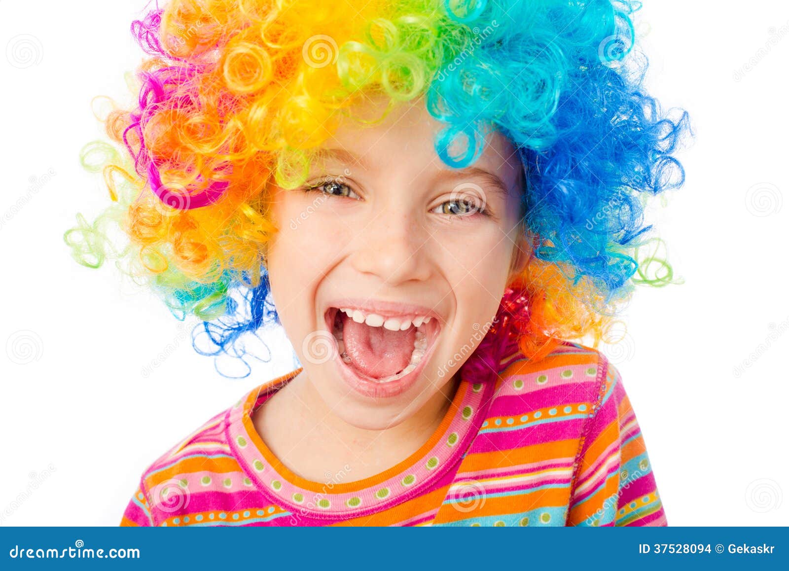 Little girl in clown wig stock photo. Image of birthday - 37528094
