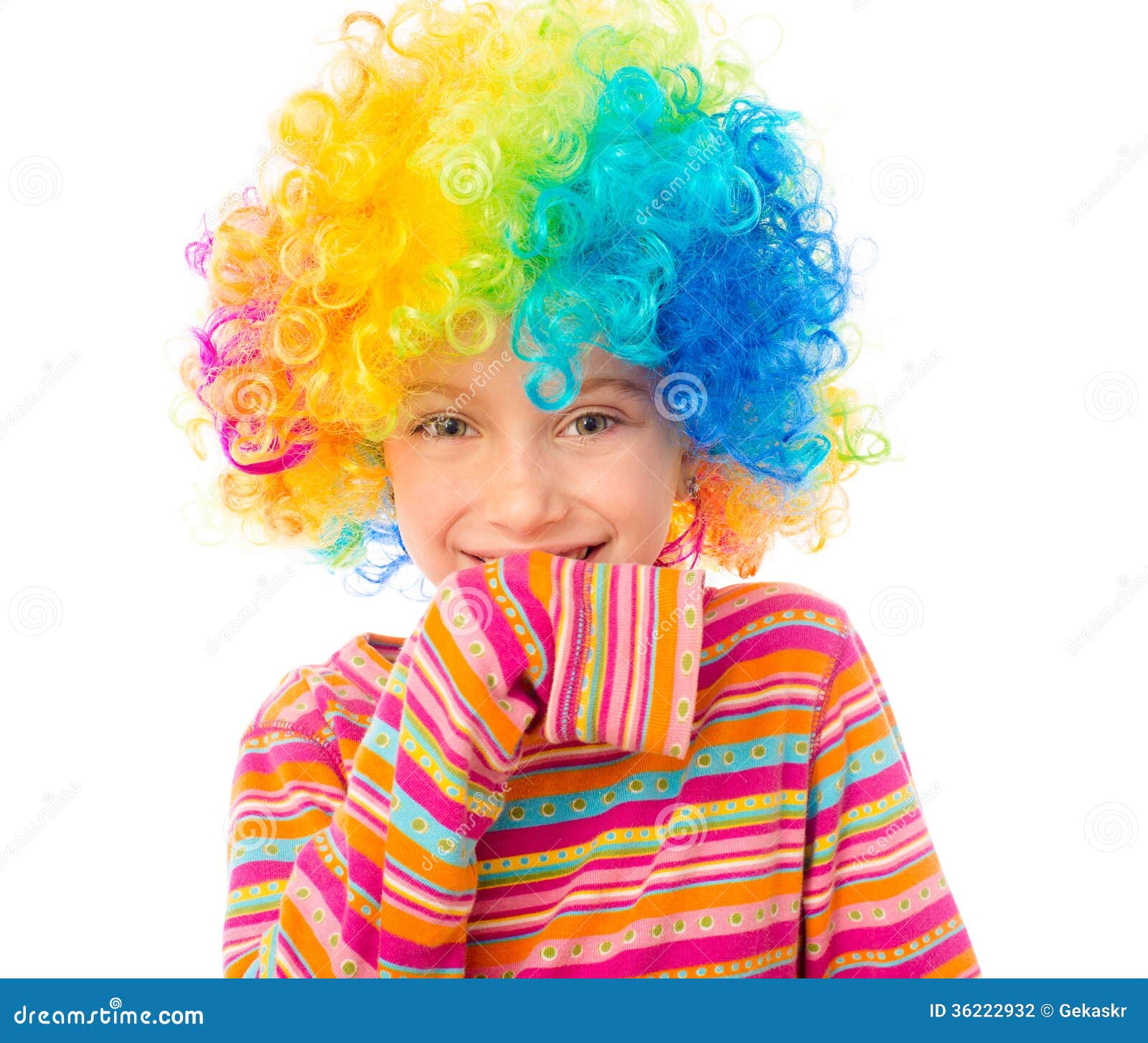 Little girl in clown wig stock photo. Image of expression - 36222932