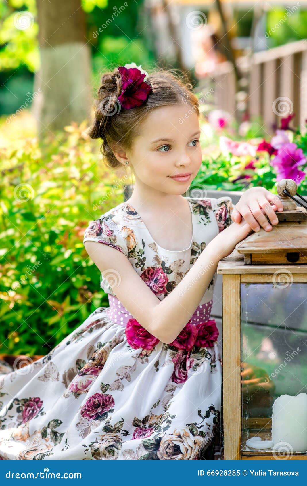 Little Girl In Colorful Dress And Flowers. Stock Image - Image of ...