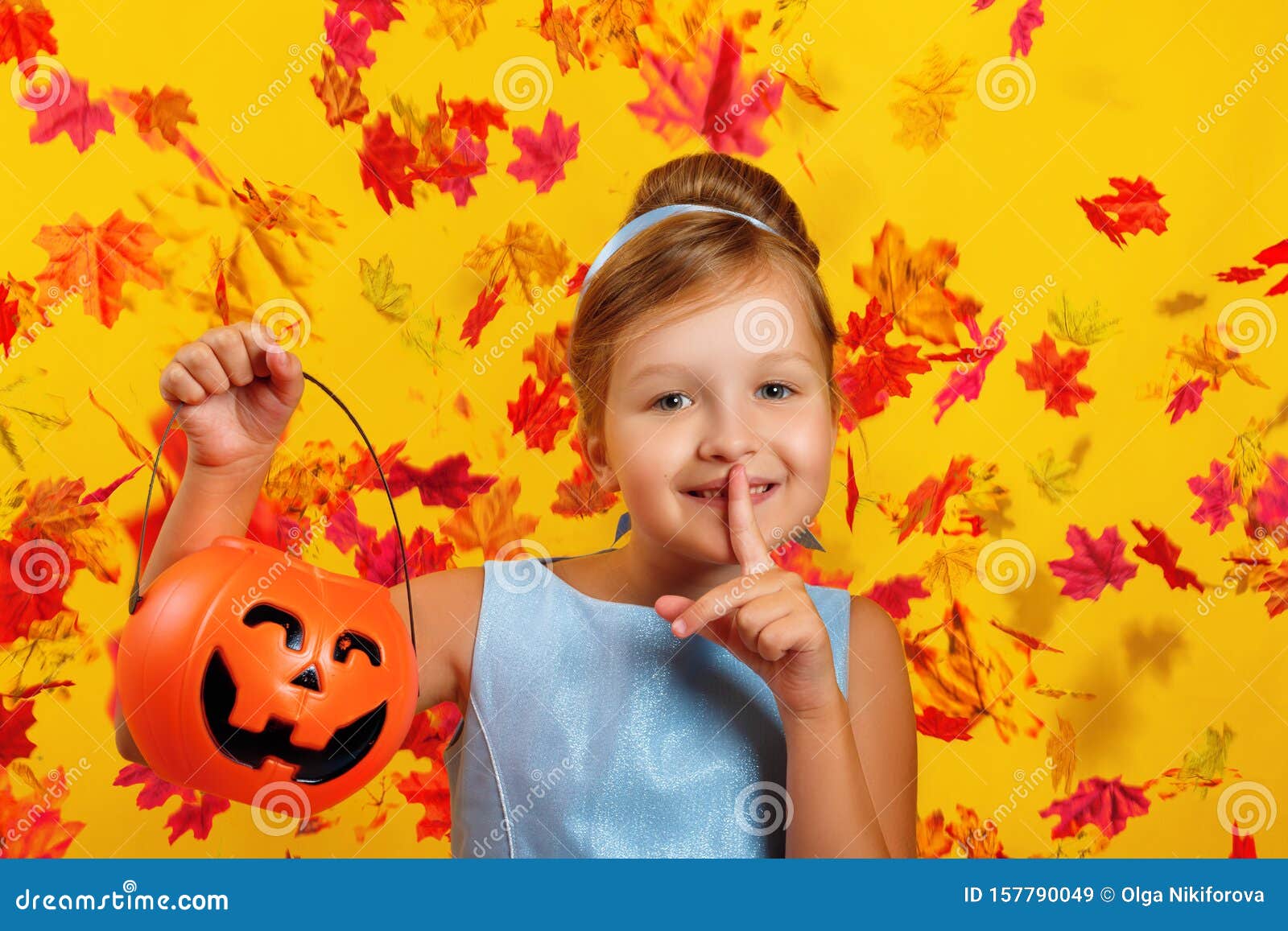 Little Girl in a Costume of Princess Cinderella with Falling Autumn ...