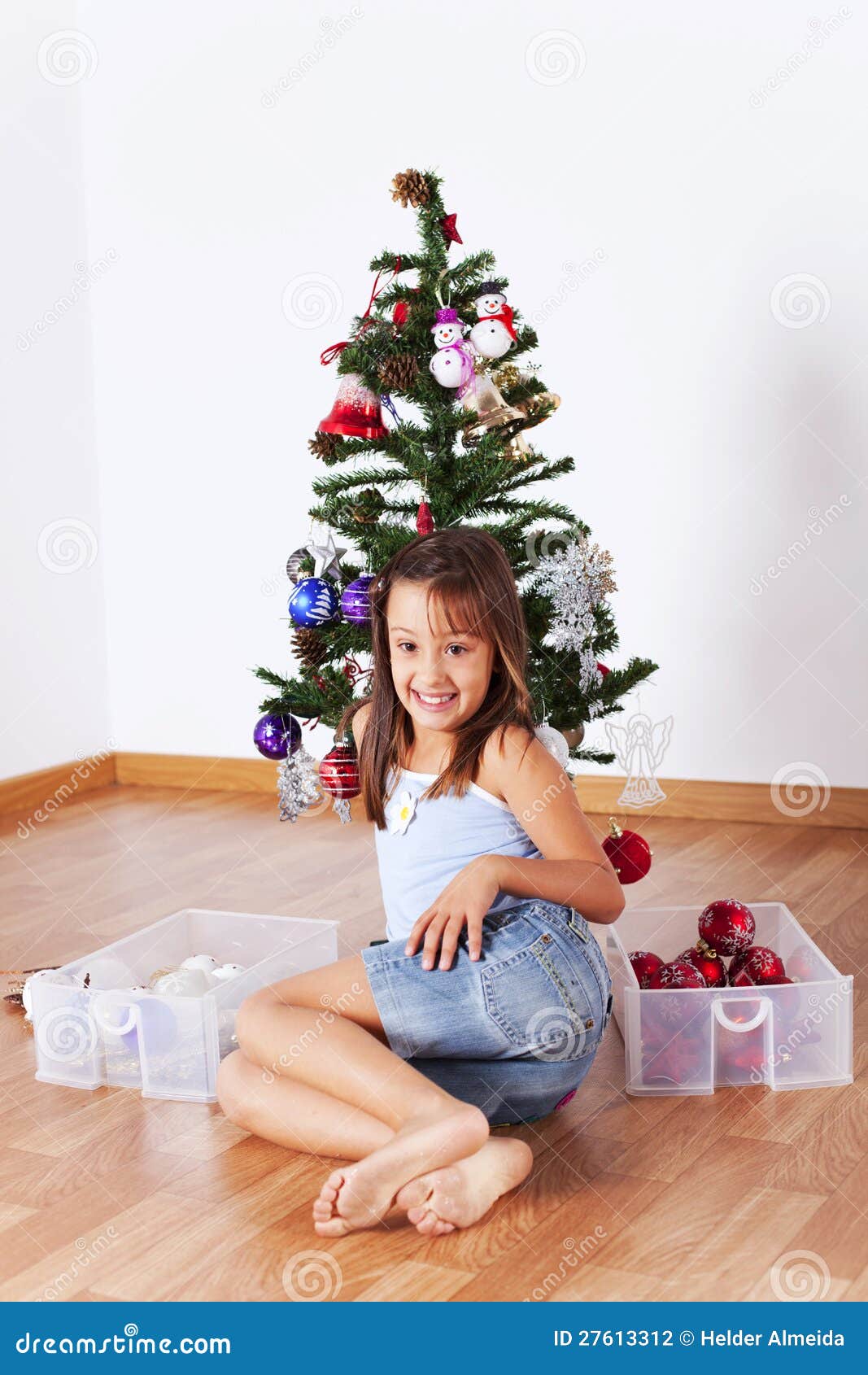 Little Girl Decorating a Christmas Tree Stock Photo Image of
