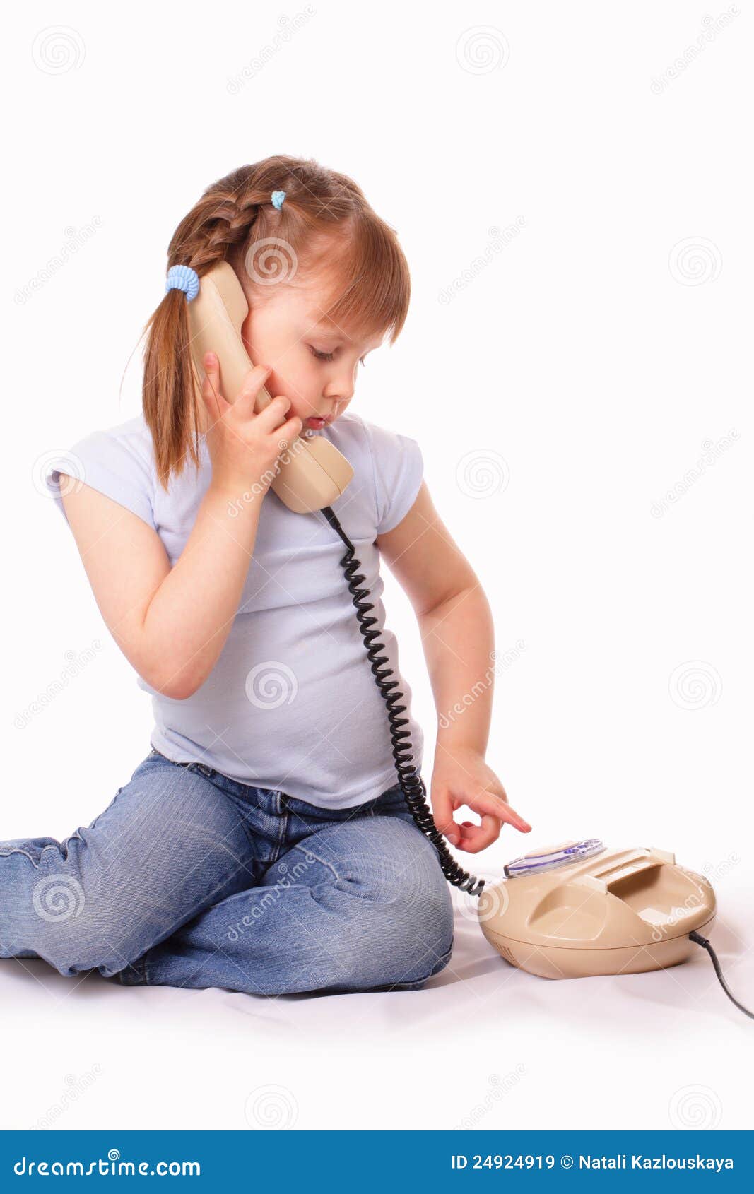 Little Girl Dials the Number on the Old Phone Stock Image Image of