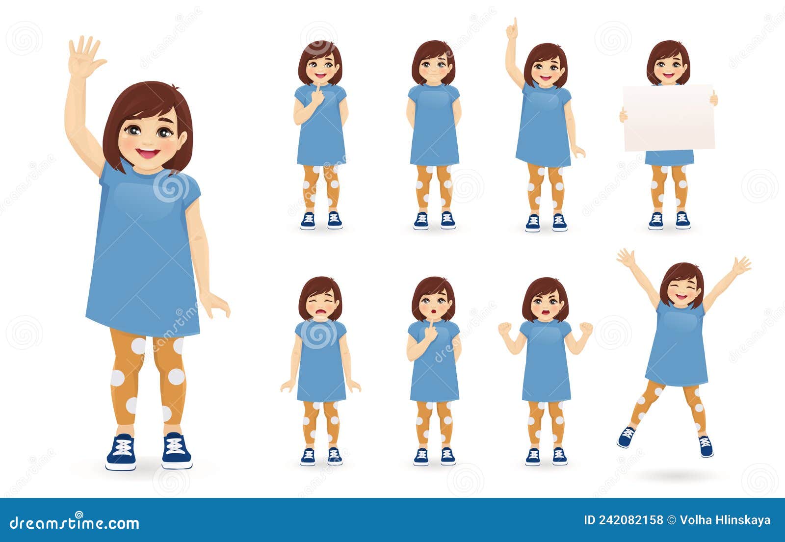 Vector illustration set of girl dressed in a pink dress with a different  emotions and poses on white background in flat cartoon style. Stock Vector  | Adobe Stock