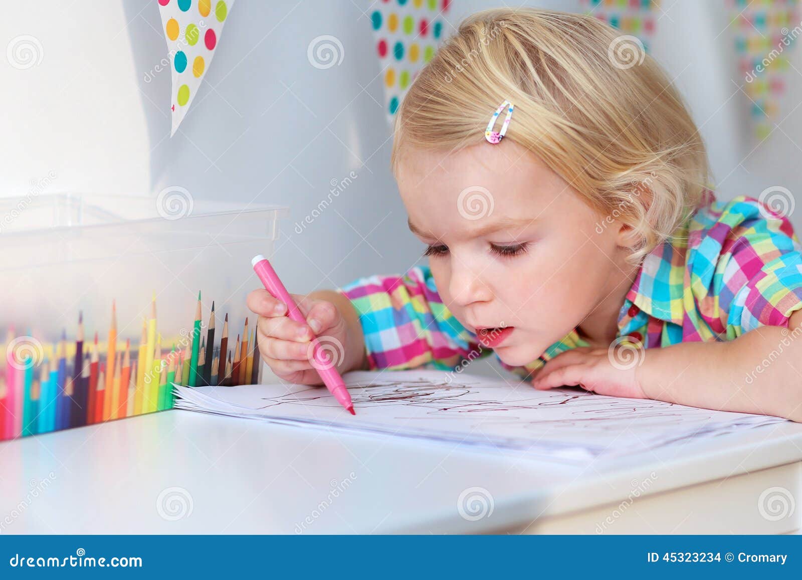 Little Girl Drawing With Colorful Pencils Stock Photo 