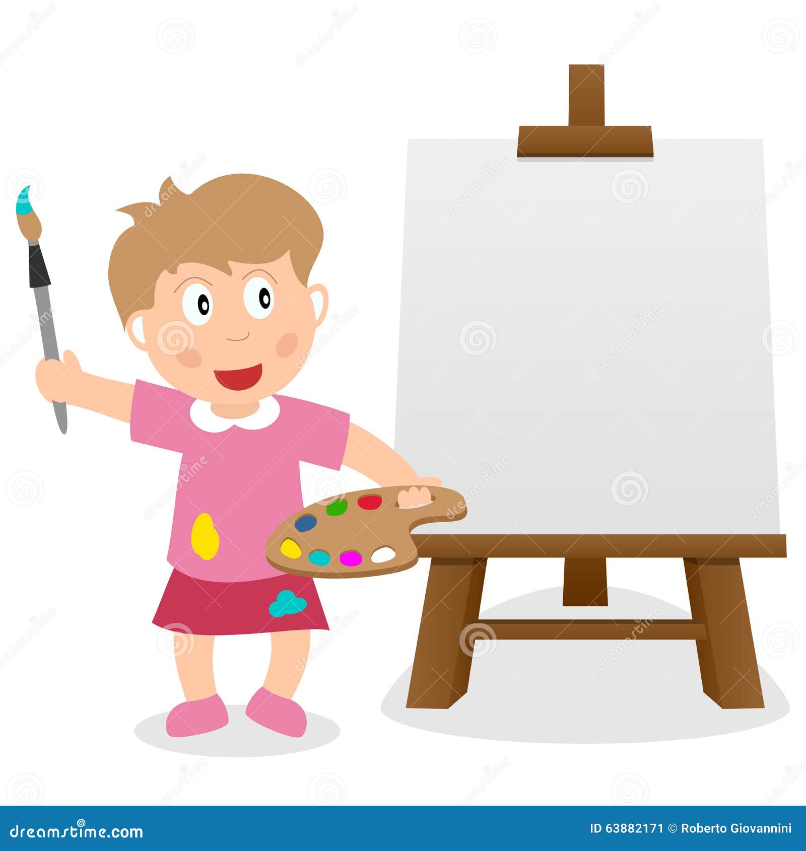 Little Girl with Easel Canvas & Paintbrush Stock Vector - Illustration ...