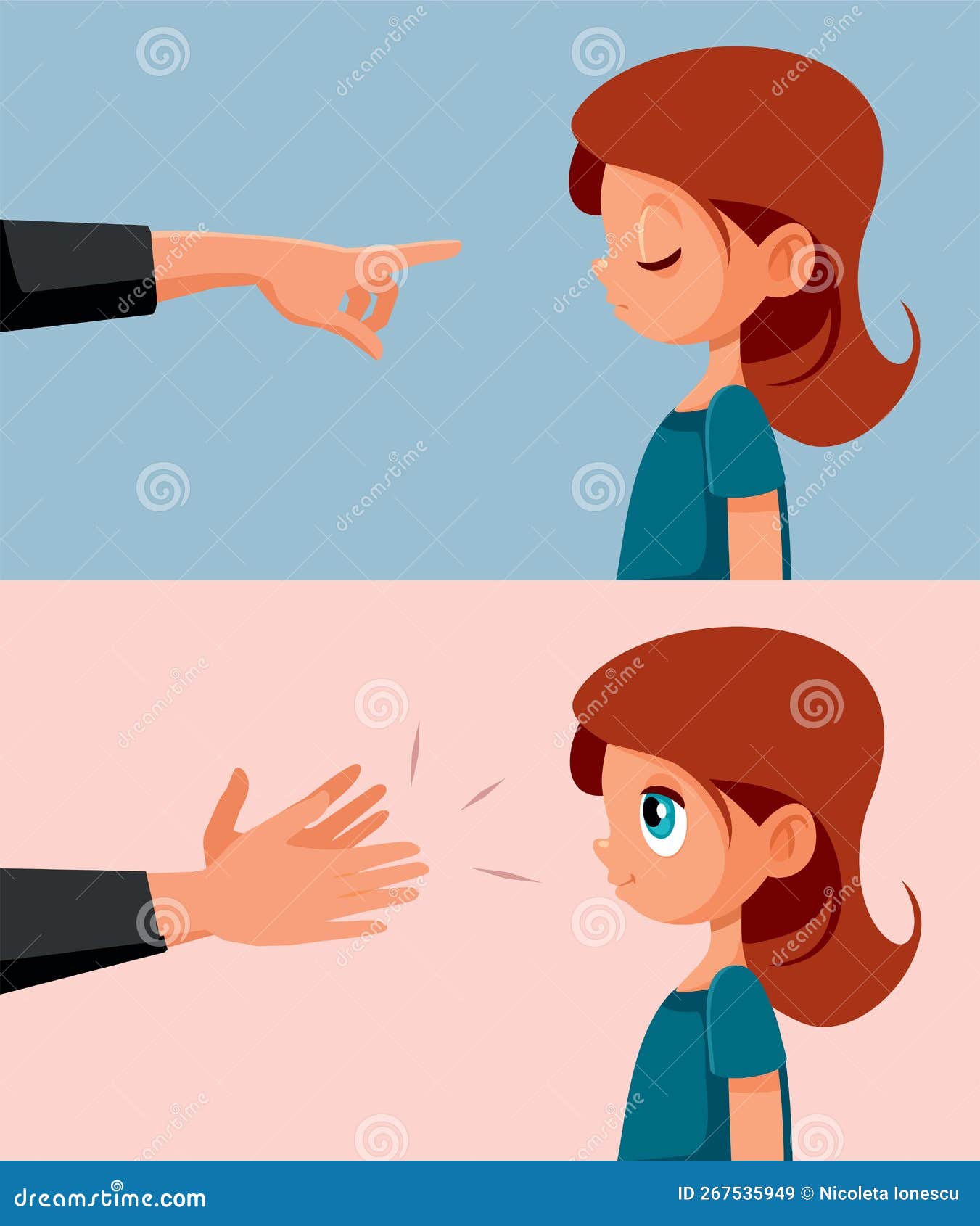 Punishment Versus Praising Parenting Style Vector Cartoon Illustration punishment-versus-praising-parenting-style-vector-cartoon-illustration