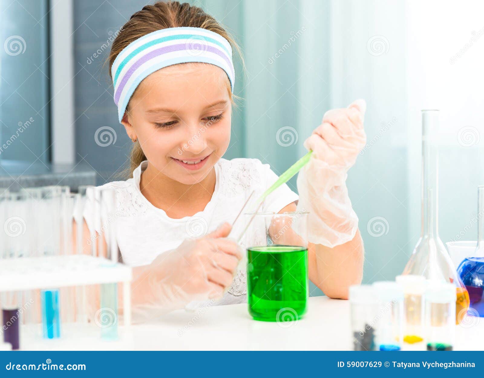 Little Girl with Flasks for Chemistry Stock Image Image of liquid