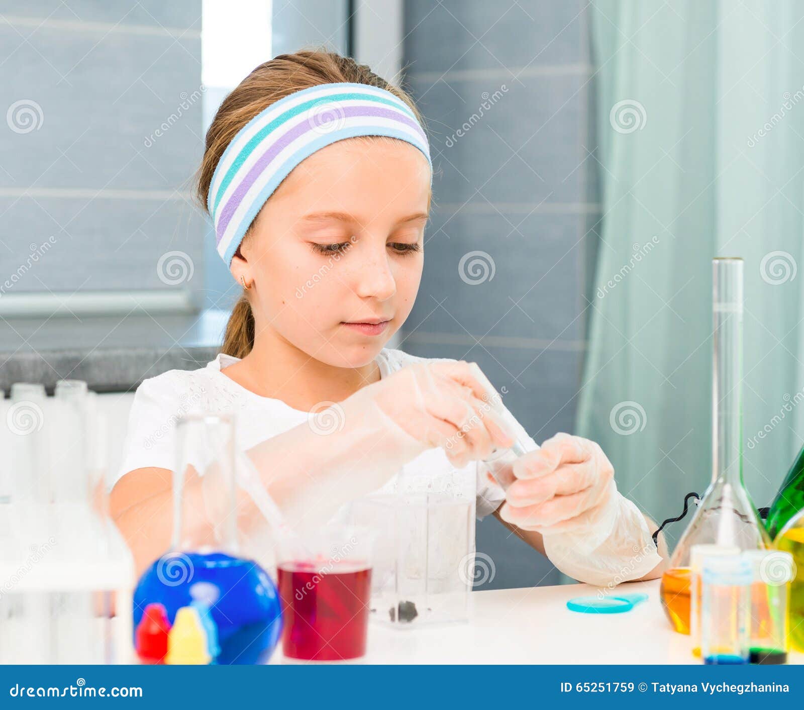 Little Girl with Flasks for Chemistry Stock Image Image of chemical